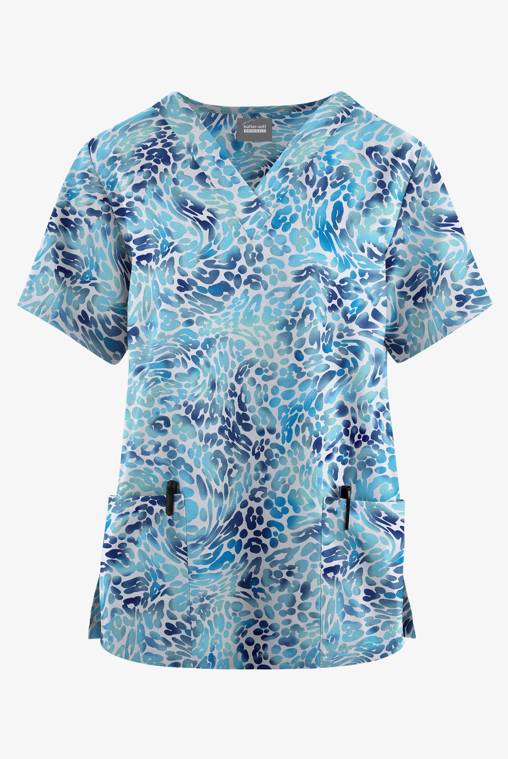 Butter-Soft Originals Leopard Wave Royal Women's 2 Pocket V-Neck Print Scrub Top