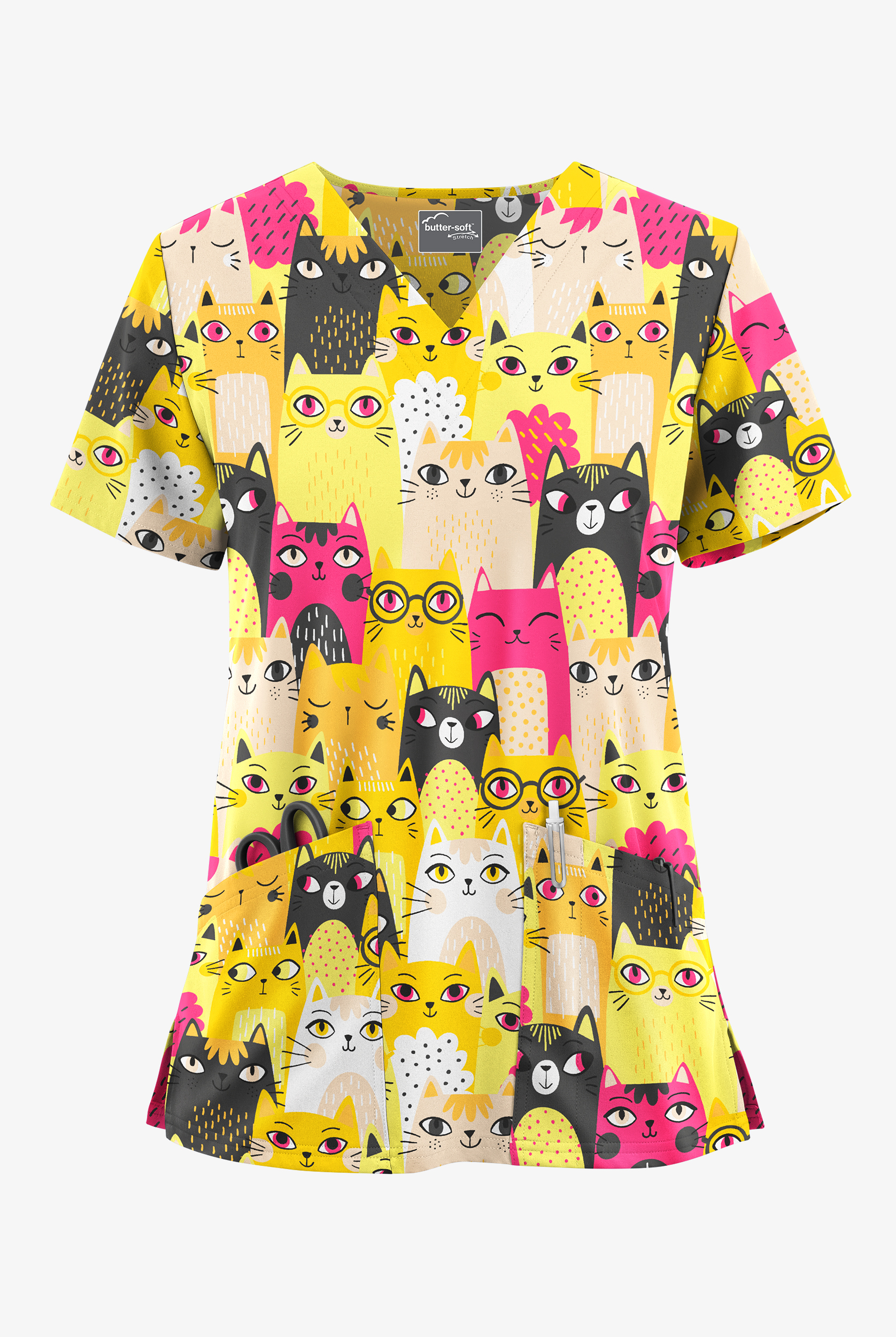 Butter-Soft STRETCH Party Time Pewter Women's 2-Pocket V-Neck Print Scrub Top