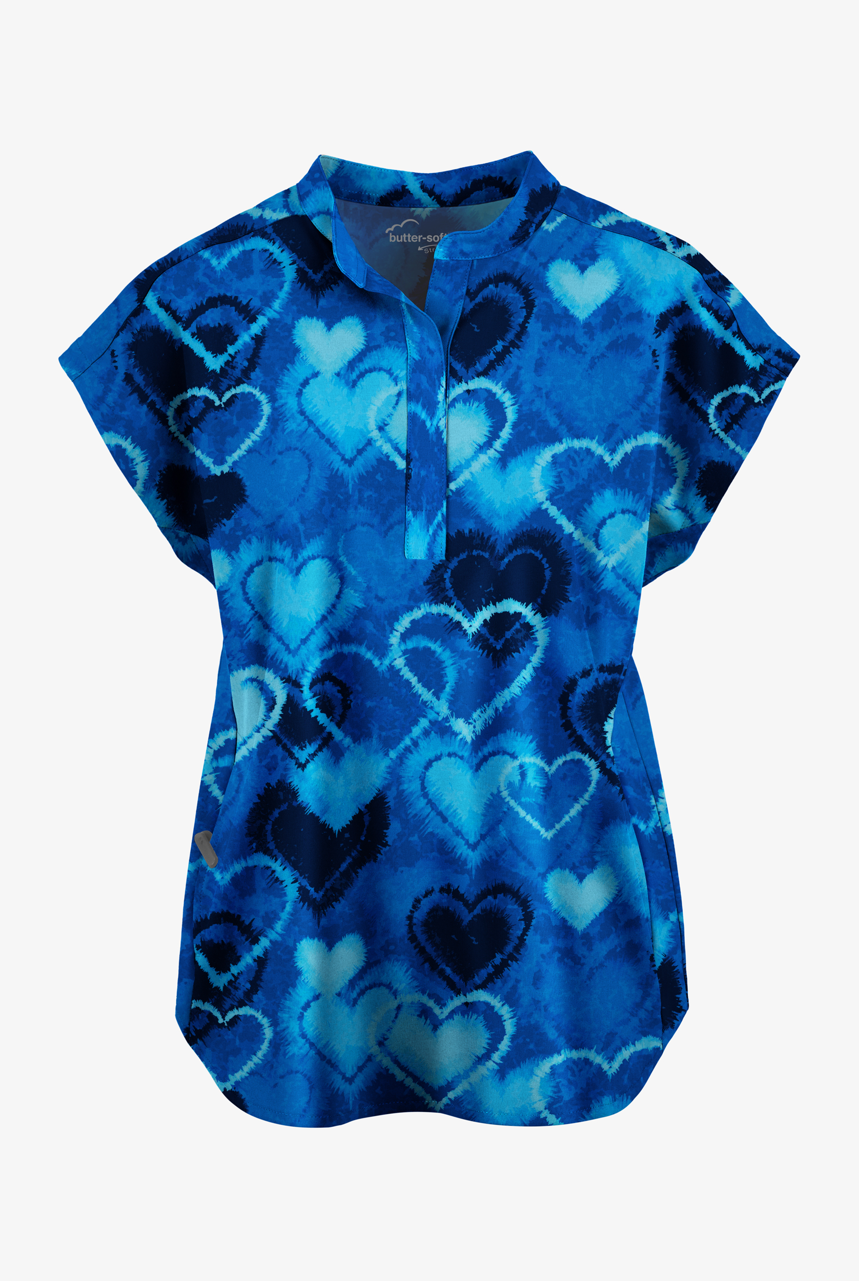 Butter-Soft STRETCH Heart Melody Navy Women's 2-Pocket Oversized Dolman Sleeve Print Scrub Top