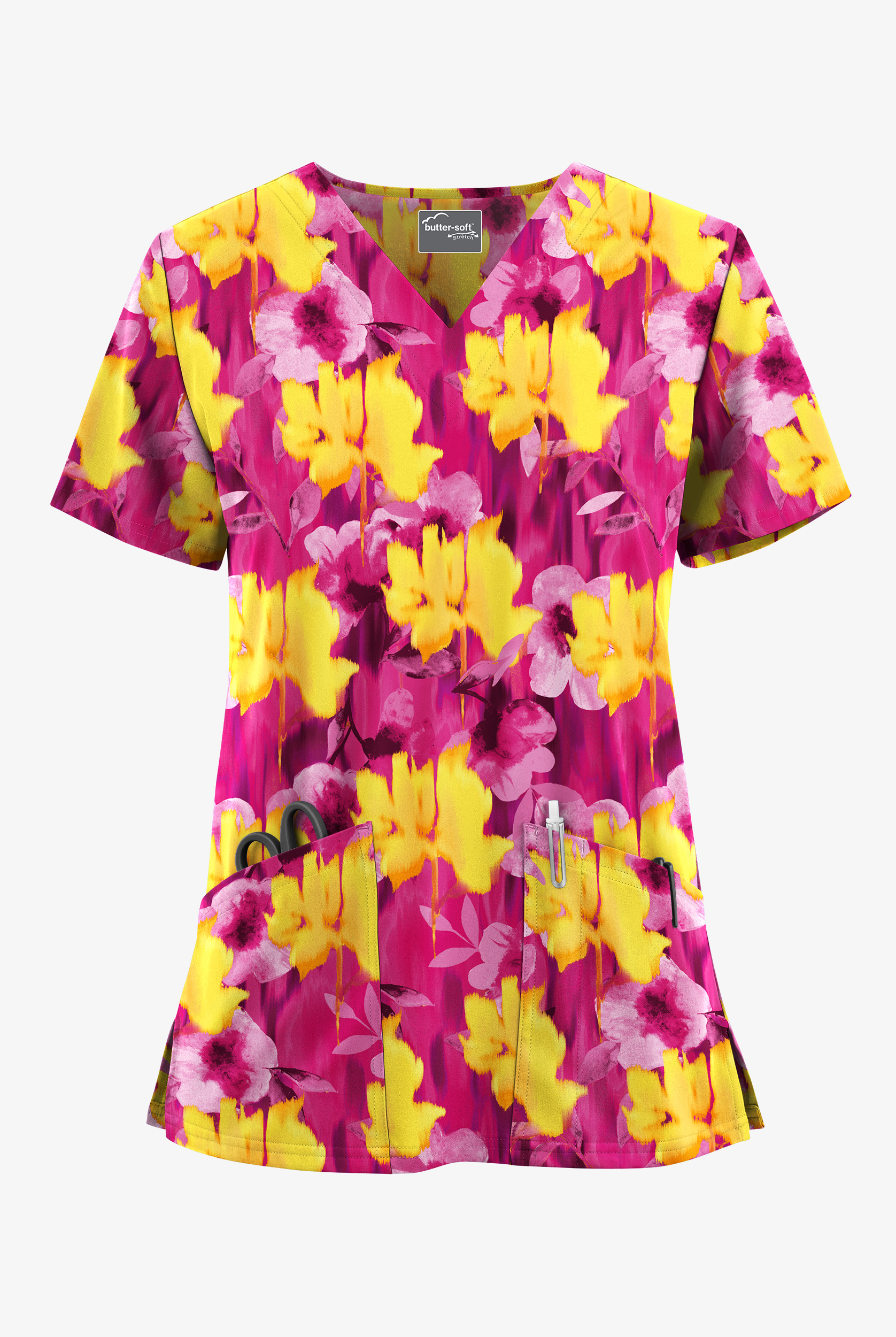 Butter-Soft STRETCH Valencia Ikat Fuchsia Women's 2-Pocket V-Neck Print Scrub Top