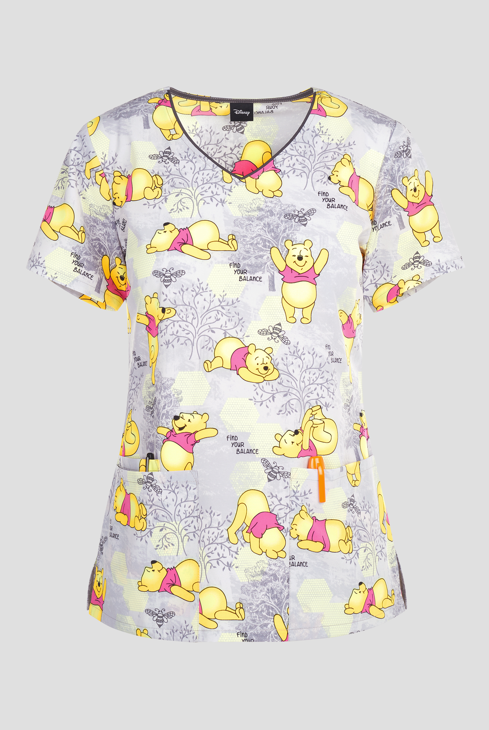 Tooniforms Disney's Winnie Namastay Pooh Women's 3-Pocket STRETCH V-Neck Print Scrub Top