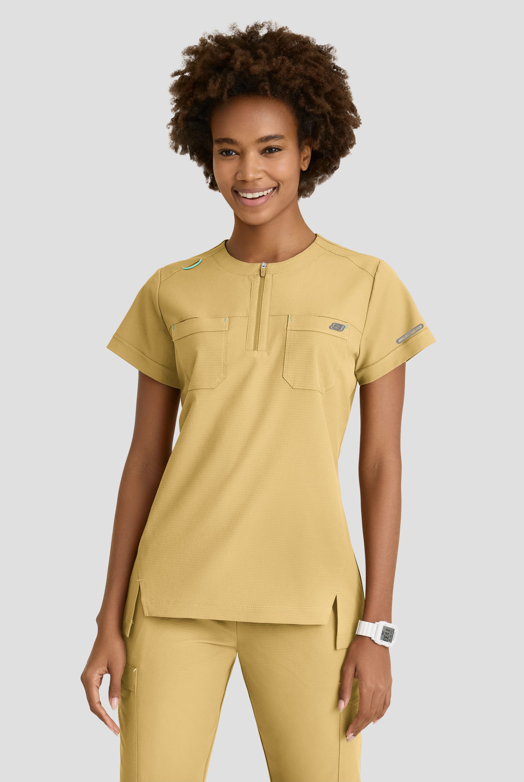 Skechers by Barco Ripstop Trek Women's 2-Pocket STRETCH Rounded Zip Neck Tuck In Scrub Top