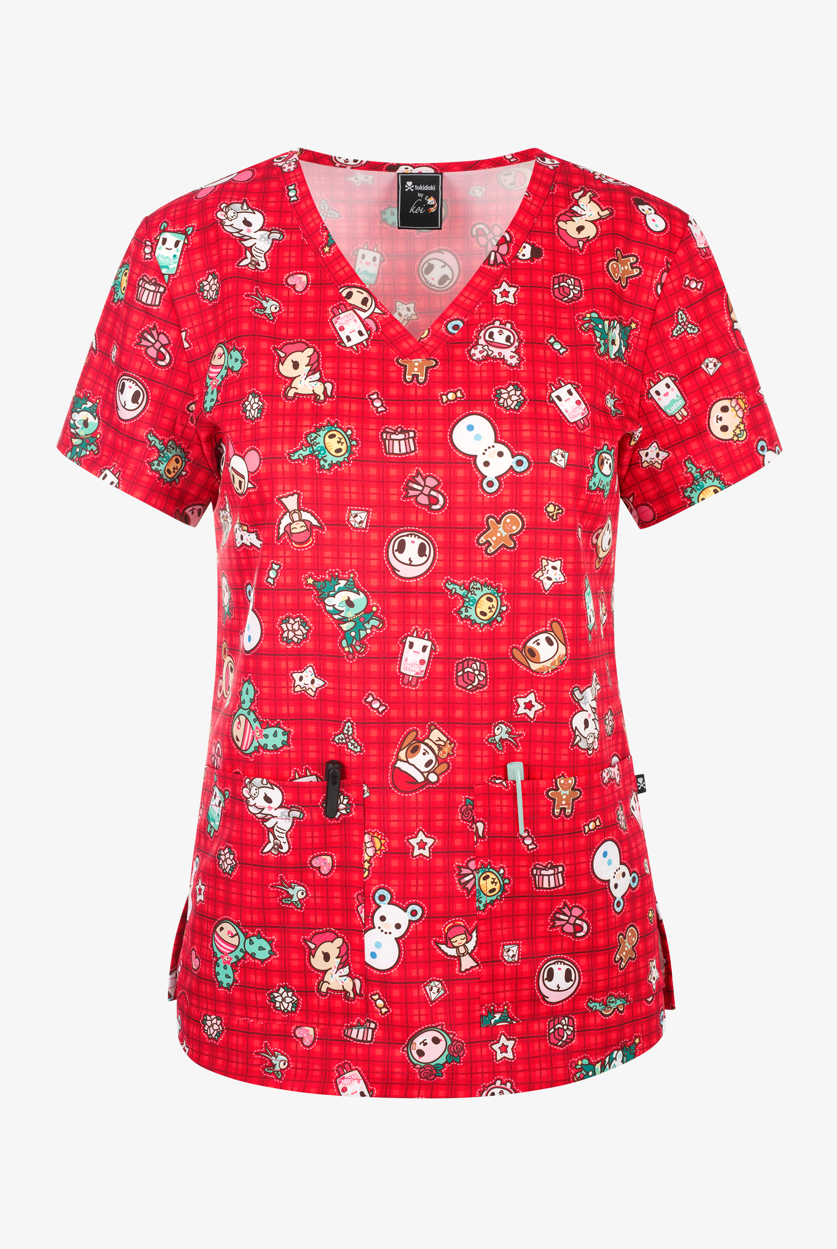Blusa m&eacute;dica estampada koi Tokidoki Holiday Flanel STRETCH con cuello en V y 2 bolsillos para mujer