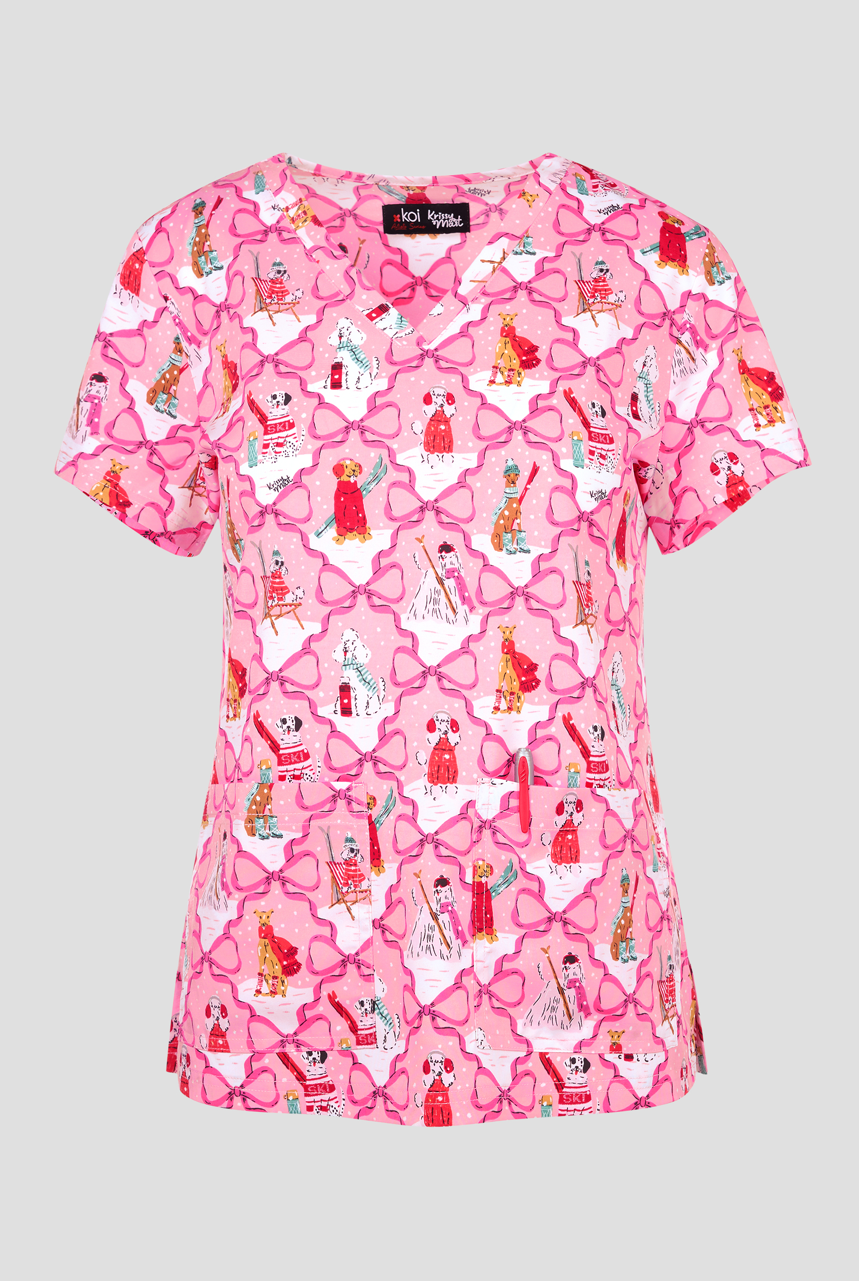 koi Basics Ski Dogs Women's 2-Pocket STRETCH V-Neck Print Scrub Top