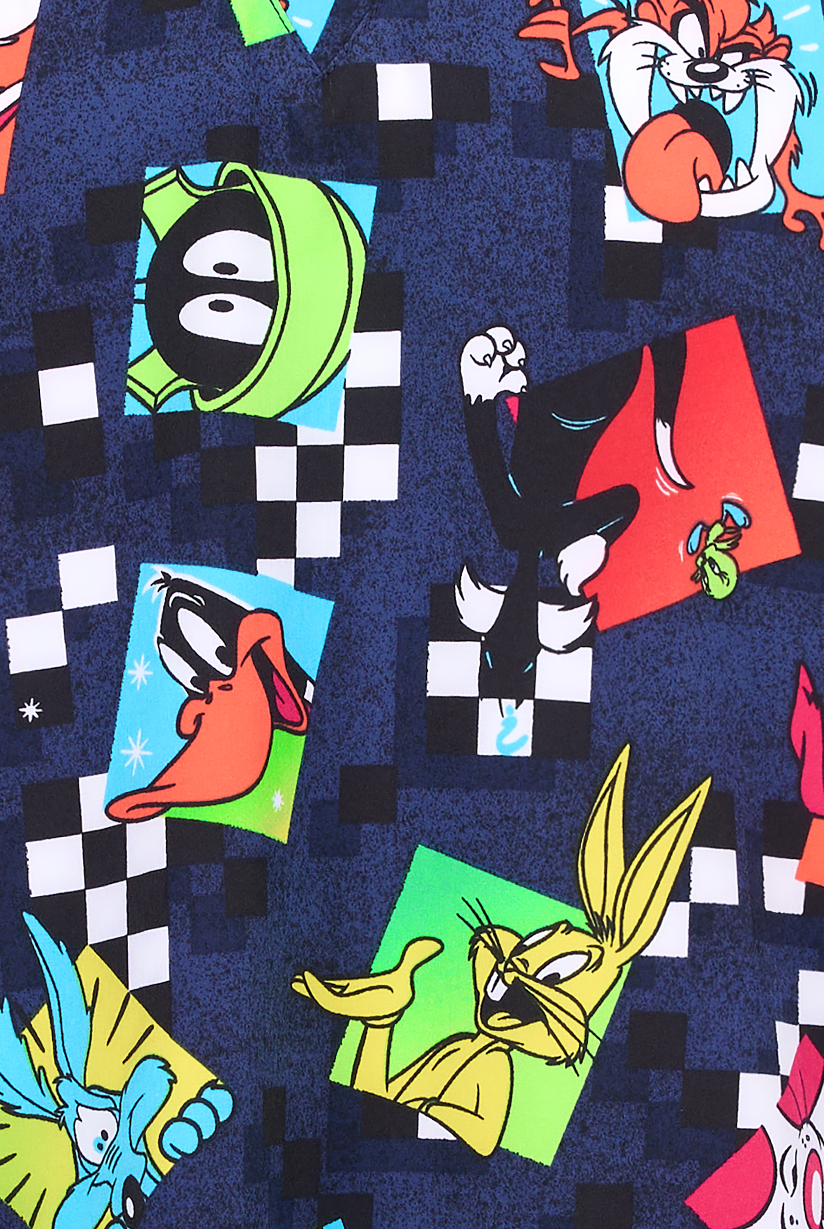 Tooniforms Looney Tunes Check Yeah Men's 2-Pocket STRETCH V-Neck Print Scrub Top