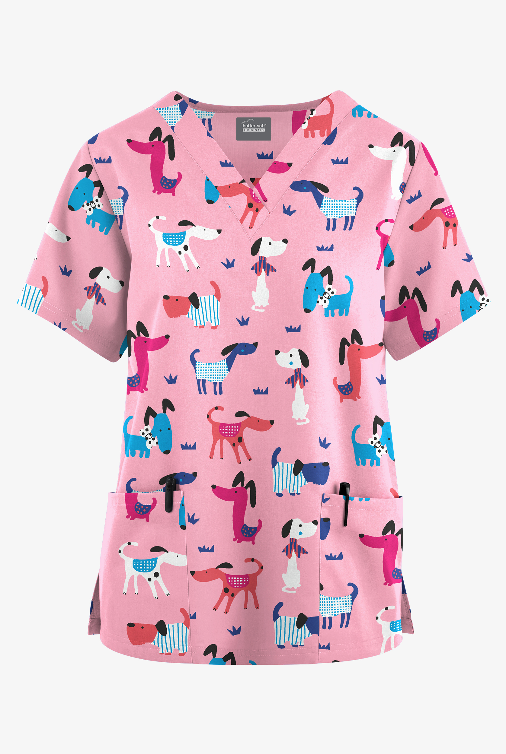 Butter-Soft Originals Day At The Park Blush Women's 2-Pocket V-Neck Print Scrub Top