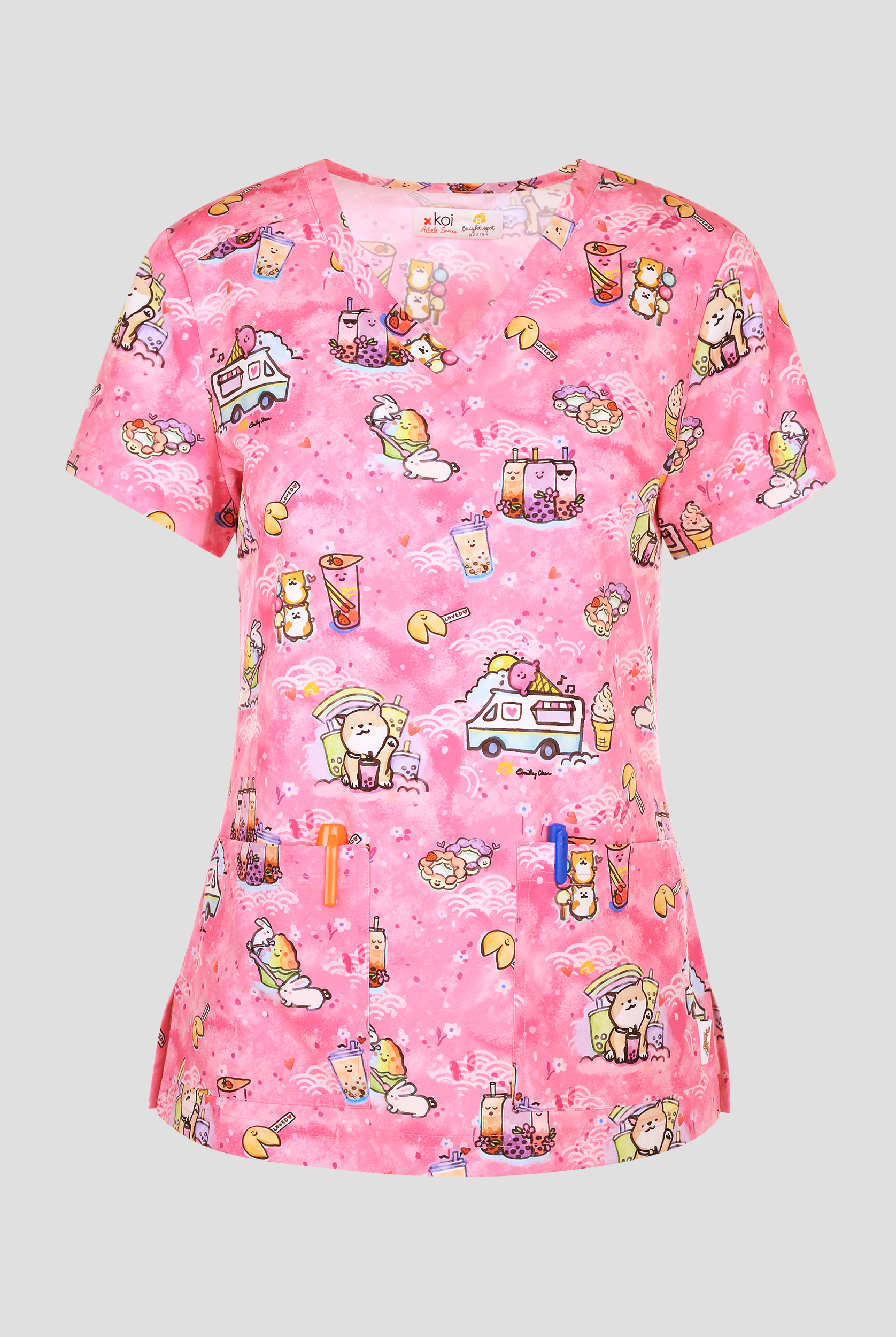 koi Basics Sweet Treats Women's 2-Pocket STRETCH V-Neck Print Scrub Top