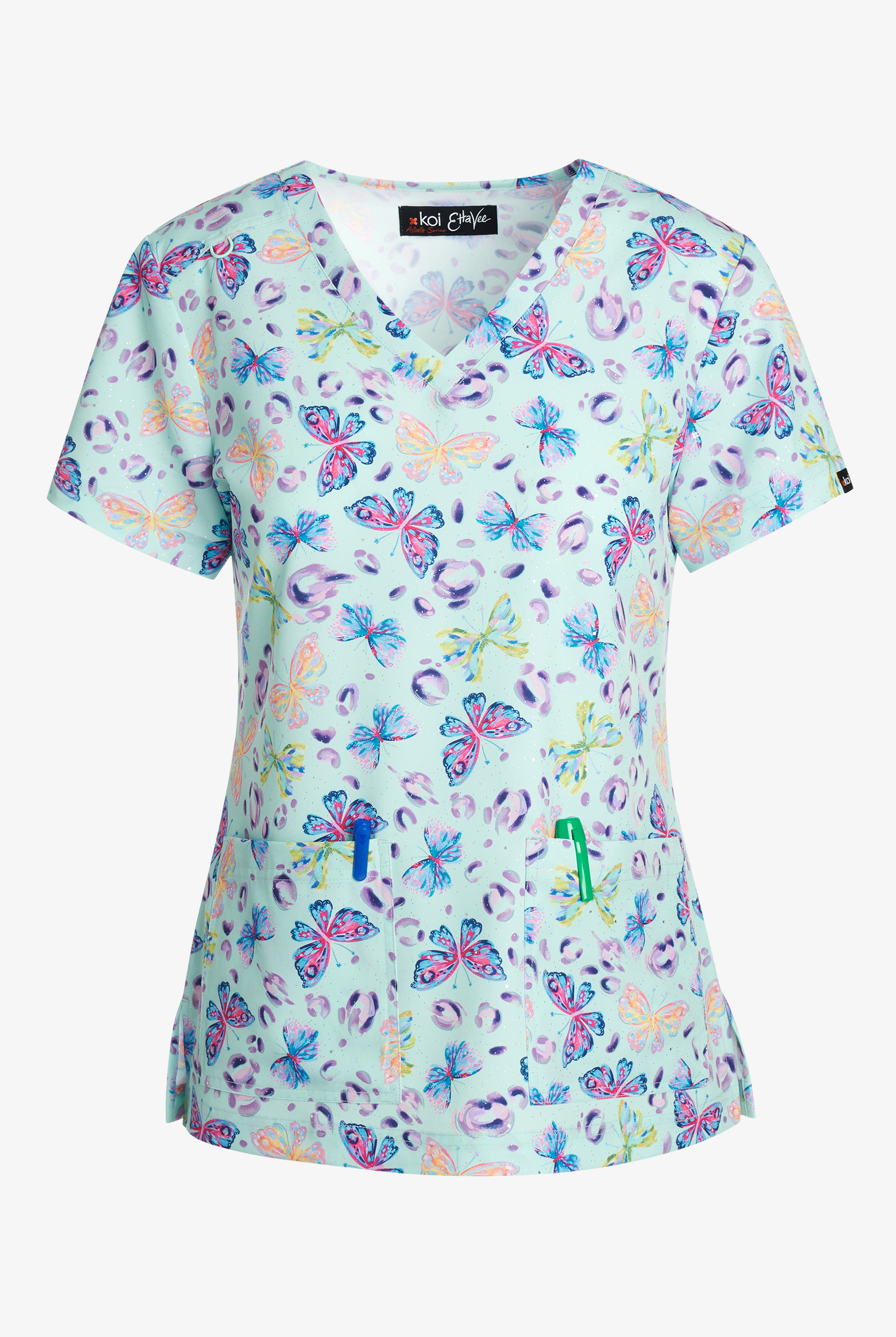 koi Lite Fashionflies Women's 2-Pocket V-Neck Print Scrub Top