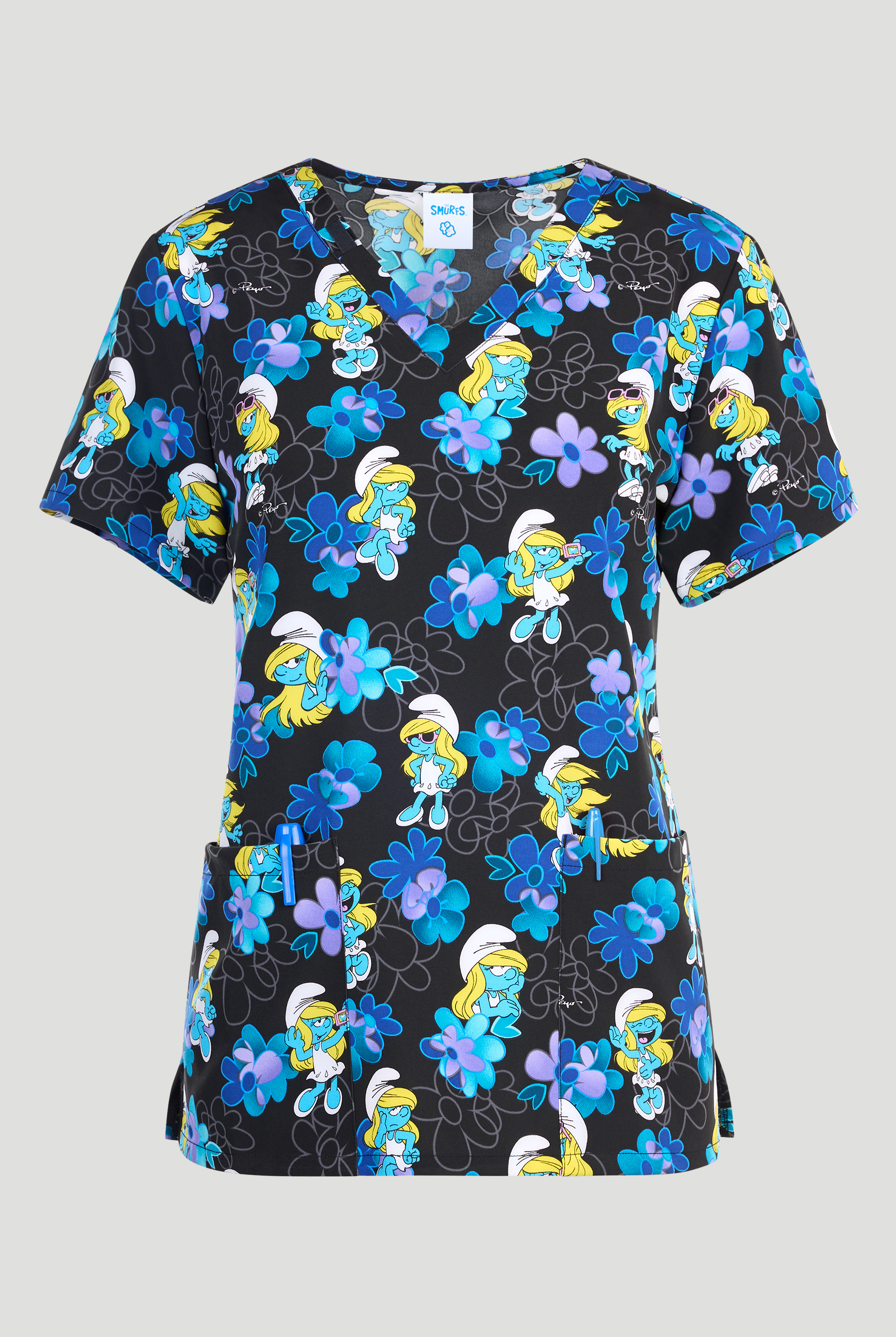 Tooniforms Being Smurfette Women's 2-Pocket STRETCH V-Neck Print Scrub Top