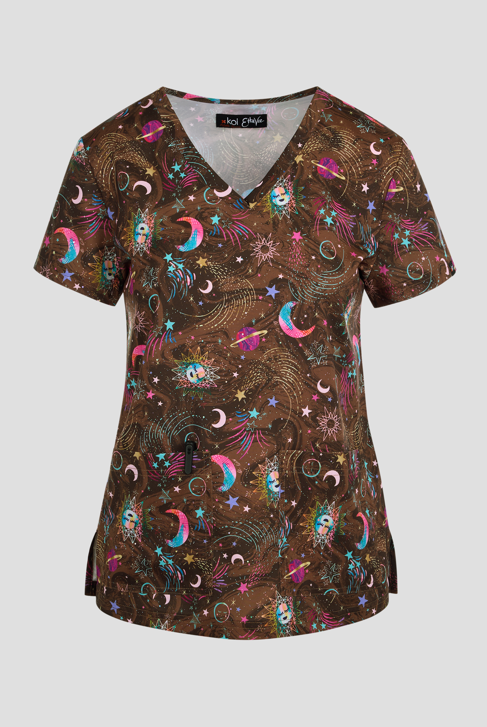 koi Lite Solar Surprise Foil Women's 2-Pocket V-Neck Print Scrub Top