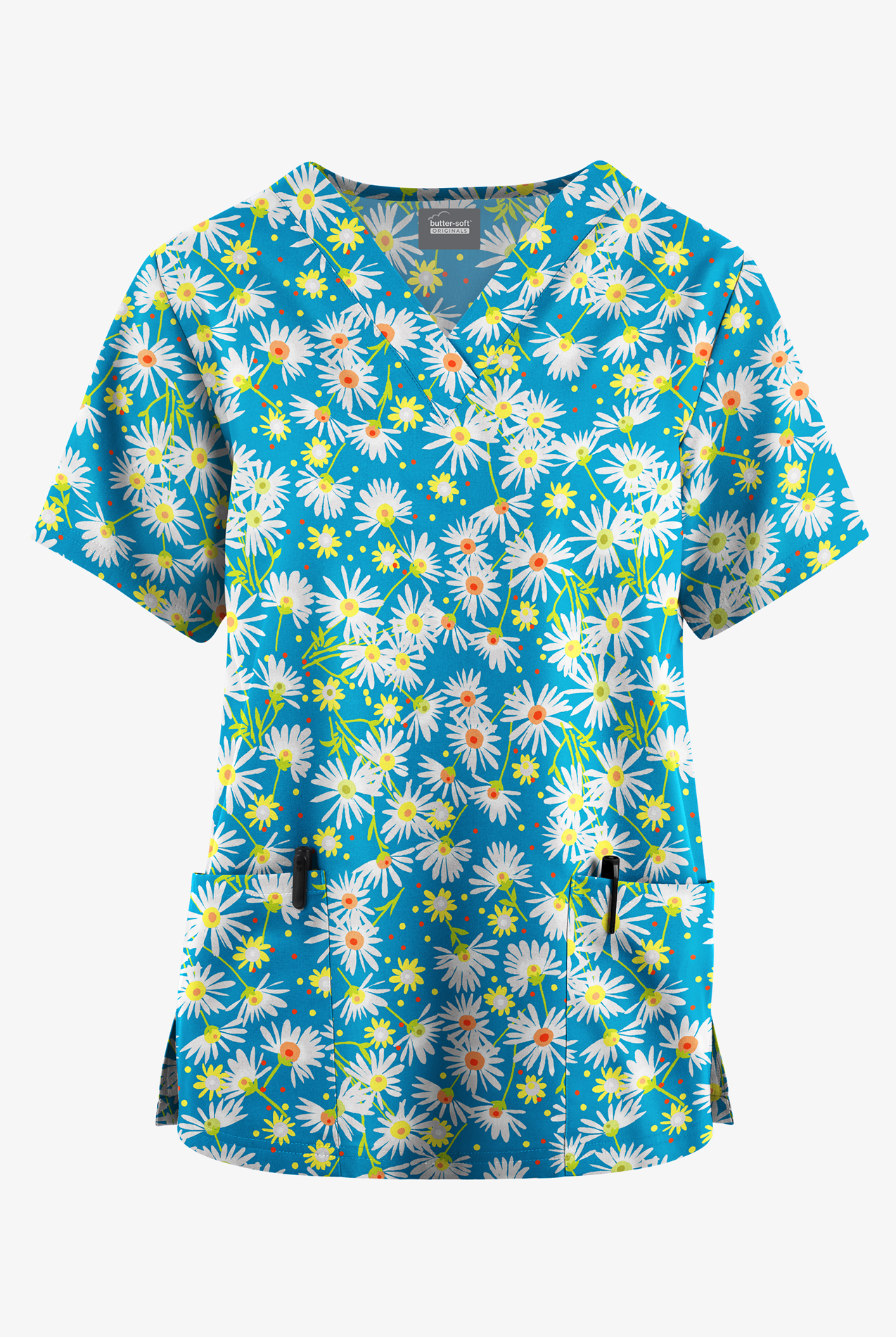 Butter-Soft Originals Daisy Breeze Turquoise Women's 2-Pocket V-Neck Print Scrub Top