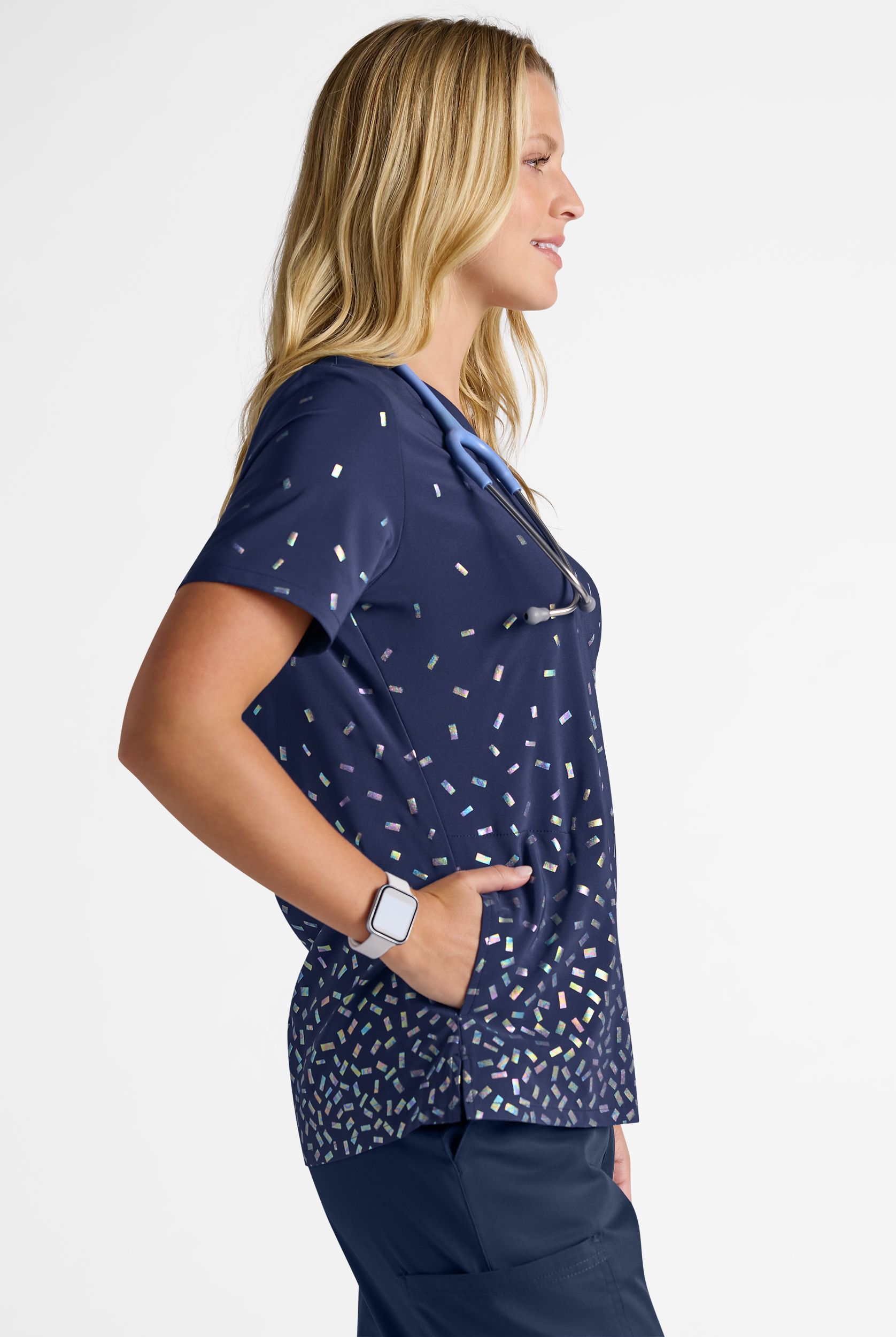 Butter-Soft STRETCH Funfetti Navy Women's V-Neck Print Scrub Top