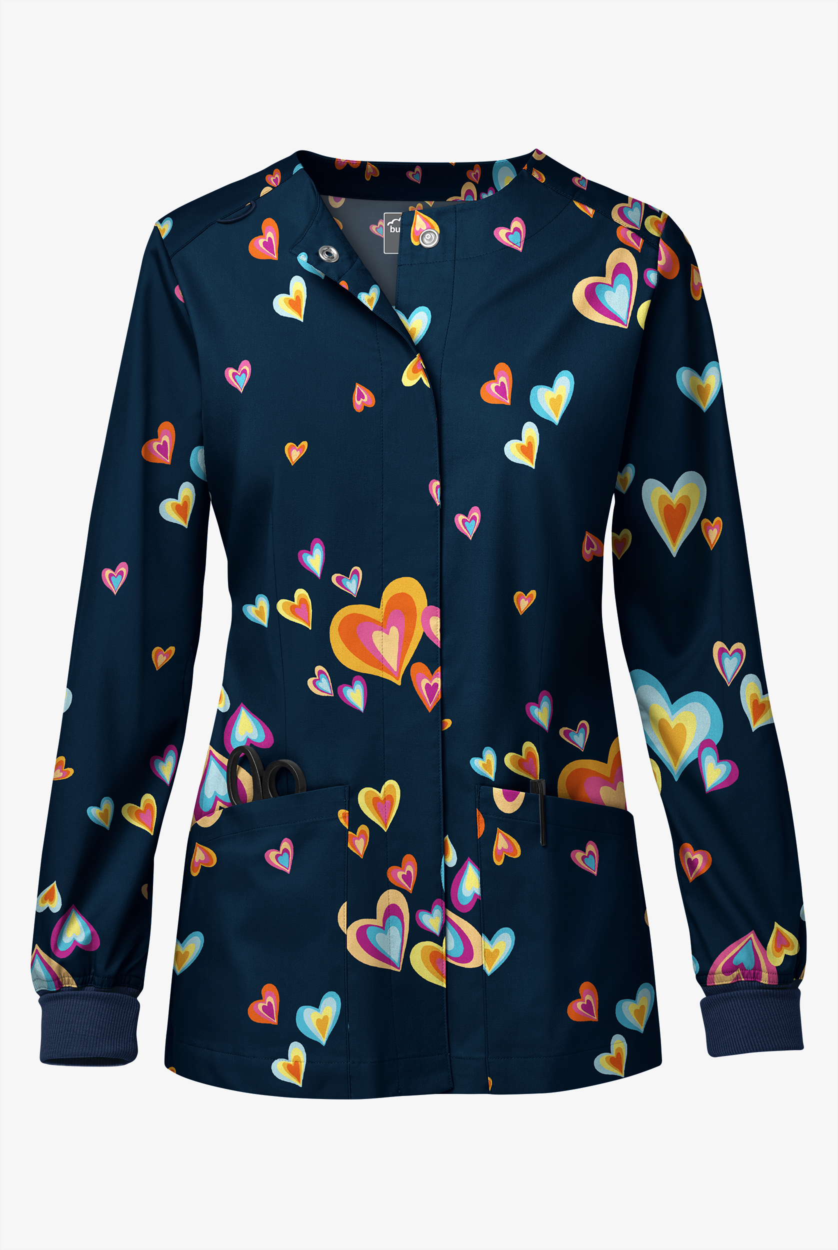 Butter-Soft STRETCH Pop Heart Navy Women's 3-Pocket Long Sleeve Snap Front Print Scrub Jacket