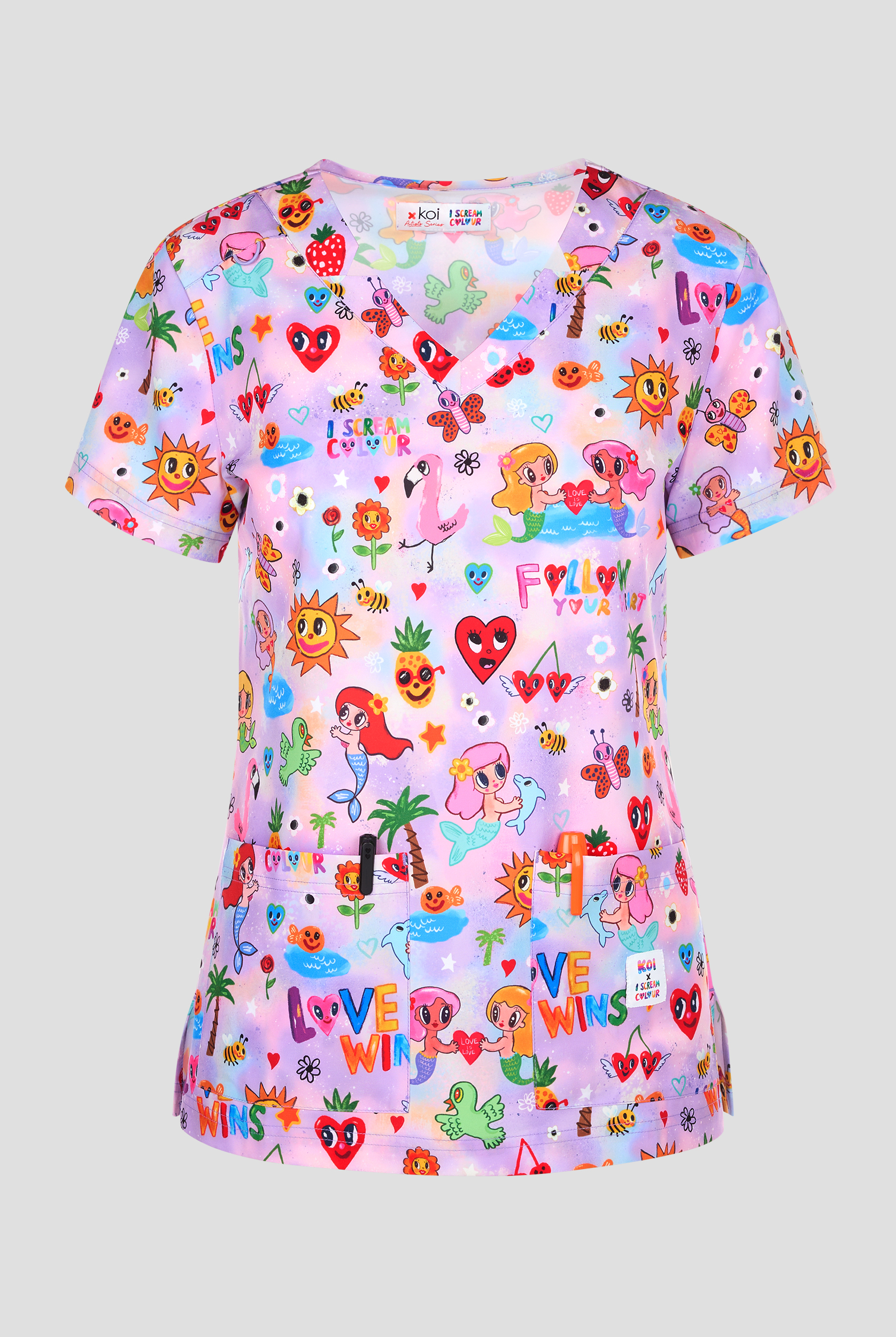 koi Lite Liddle Mermaids Women's 2-Pocket Notched V-Neck Print Scrub Top