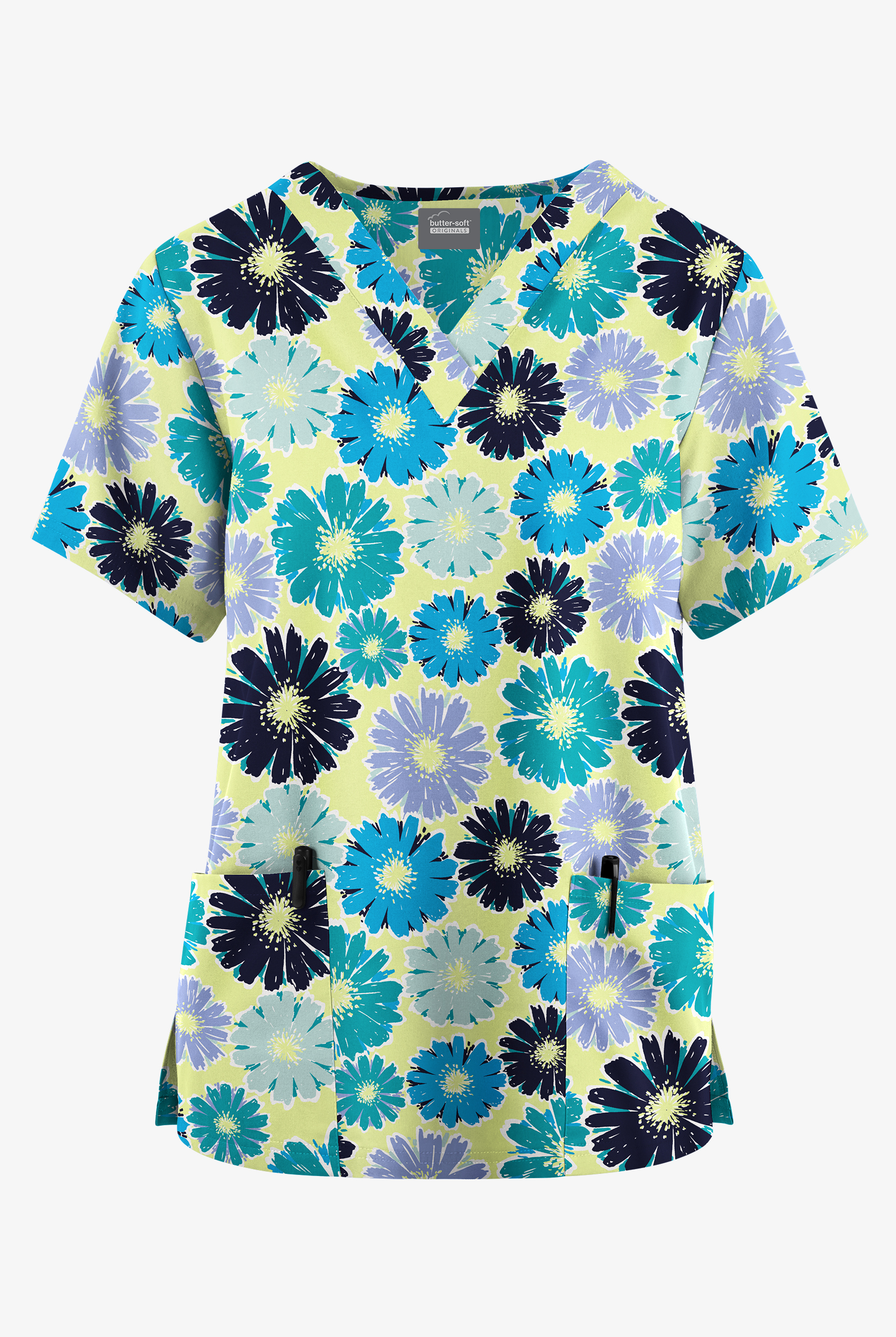 Butter-Soft Originals Daisy Parade Cool Matcha Women's 2-Pocket V-Neck Print Scrub Top