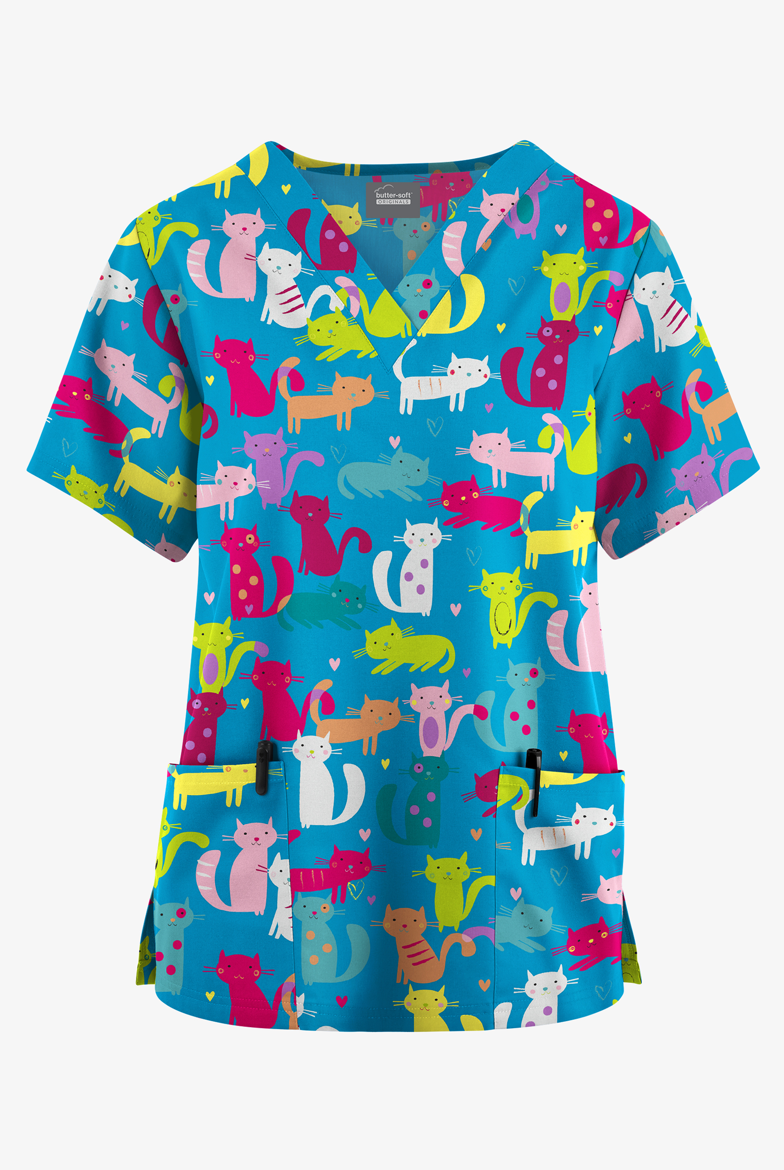 Butter-Soft Originals Meow Meow Turquoise Women's 2-Pocket V-Neck Print Scrub Top