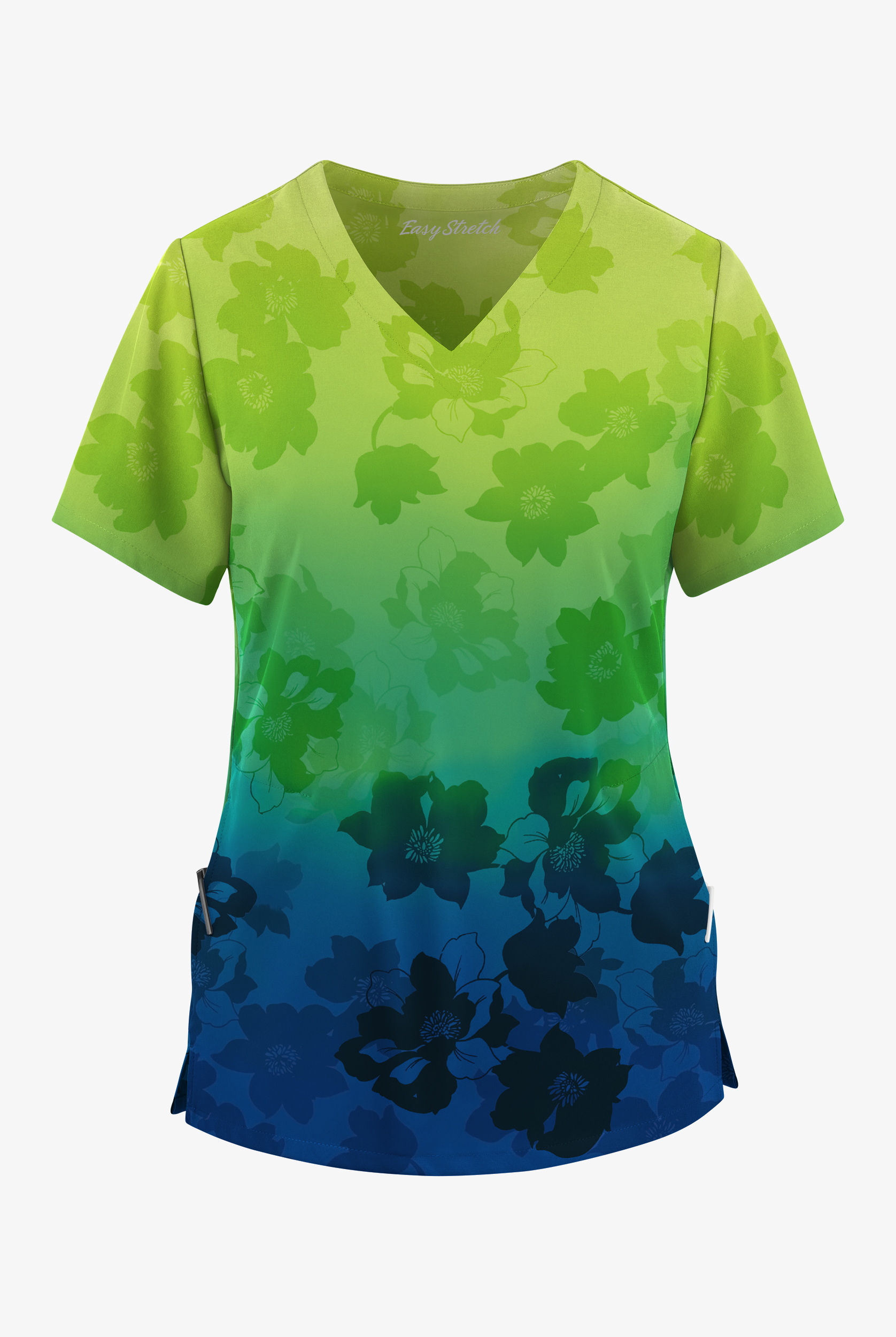 Easy STRETCH Floral Ombre Navy Women's 2-Pocket V-Neck Print Scrub Top