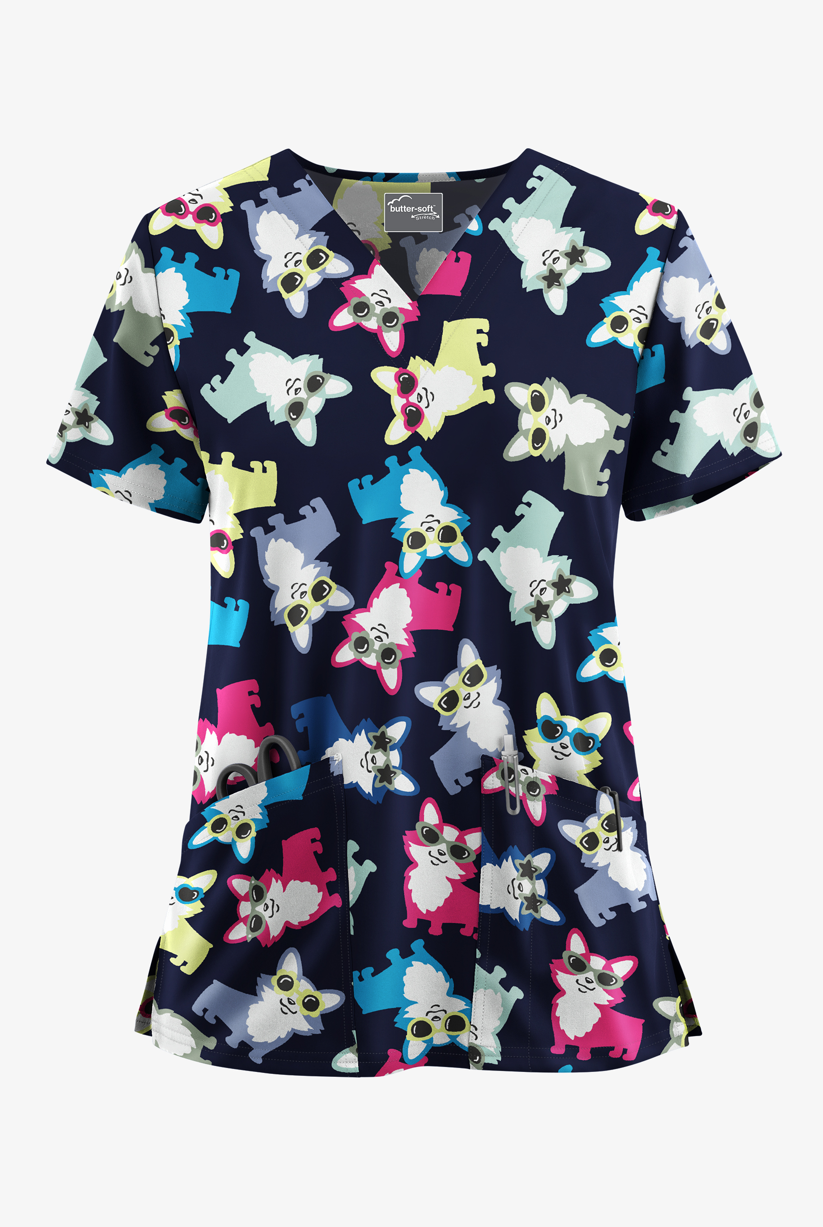 Butter-Soft STRETCH Party Animal Navy Women's 2-Pocket V-Neck Print Scrub Top