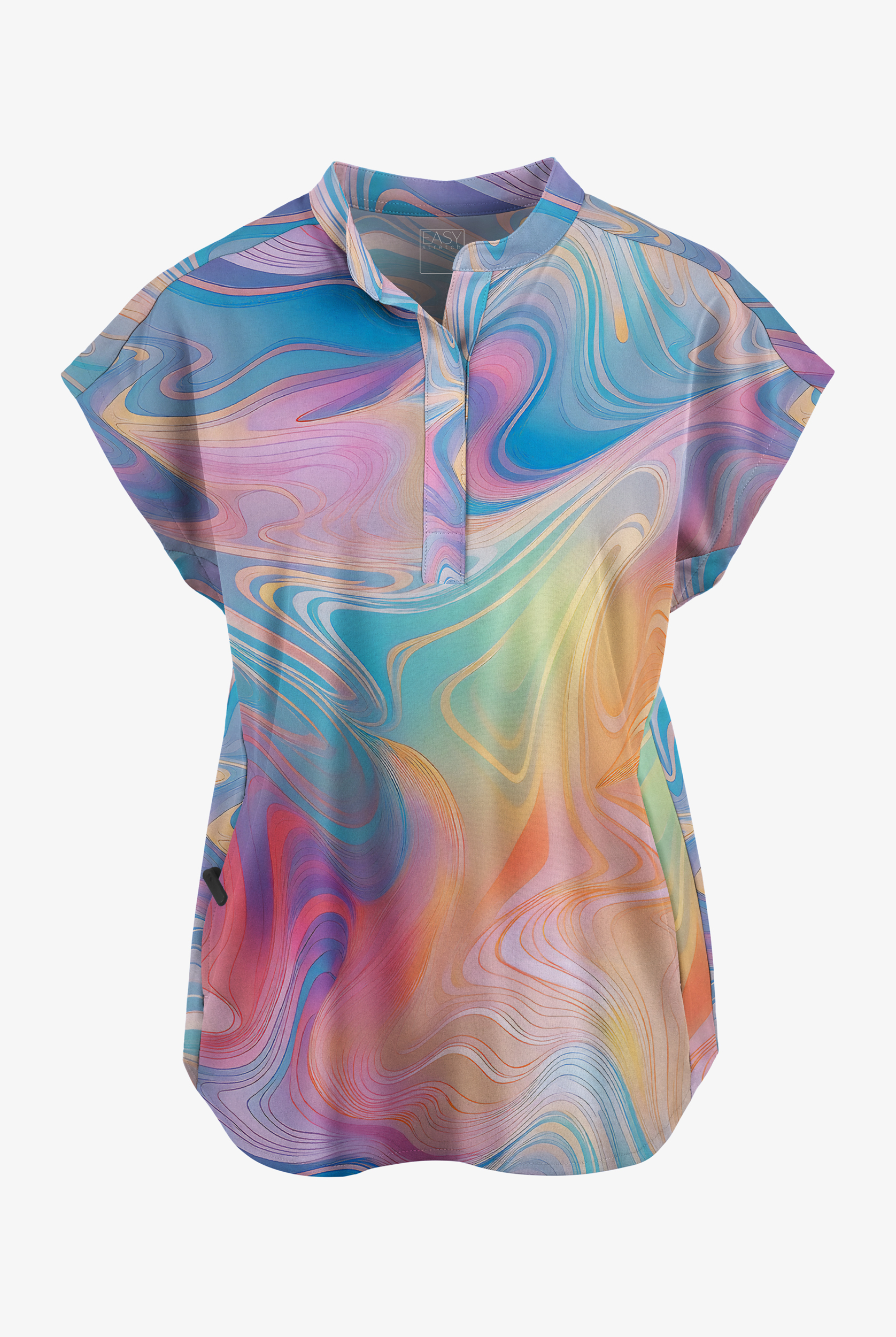 Easy STRETCH Dreamy Waves Turquoise Women's 2-Pocket Oversized Dolman Sleeve Print Scrub Top