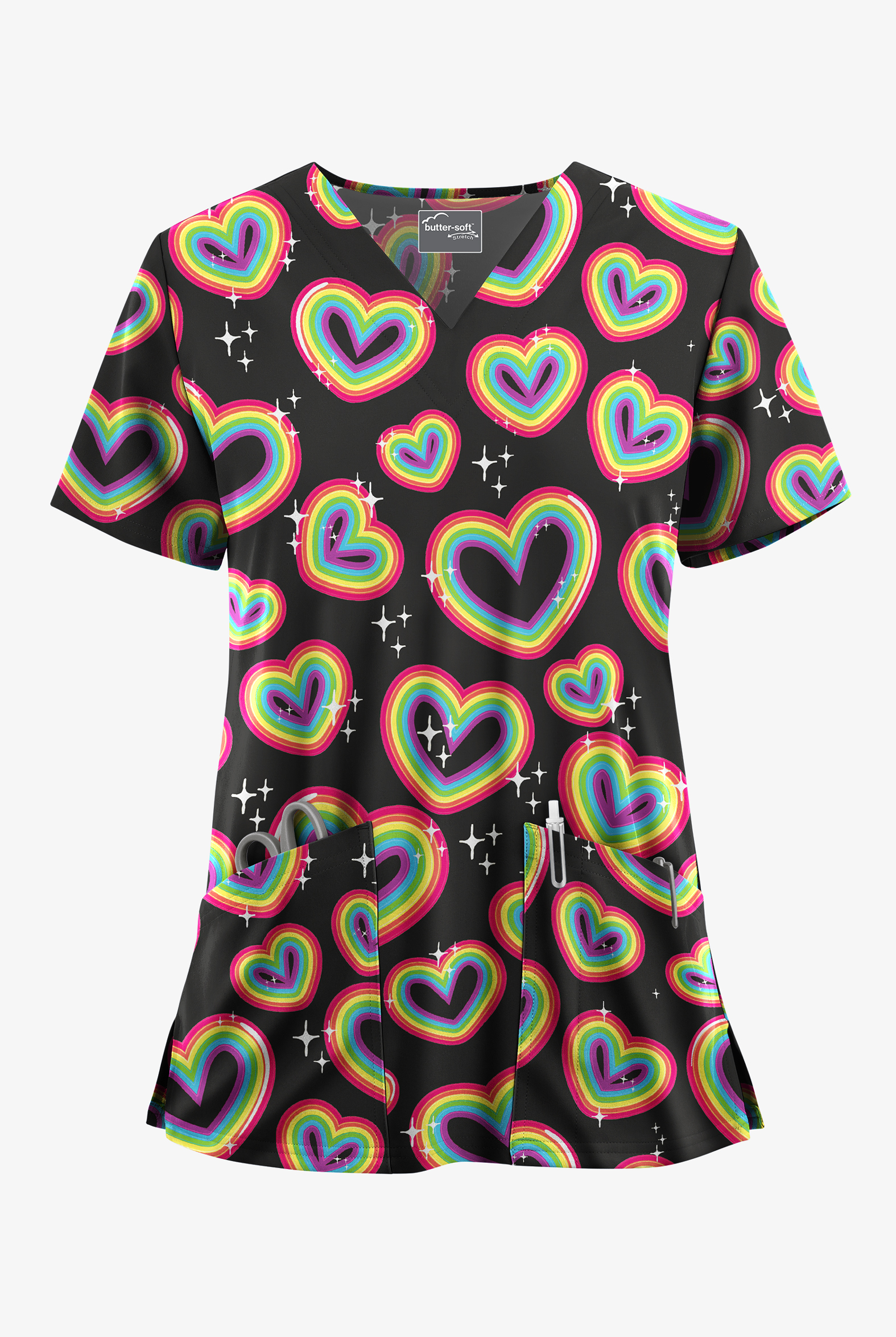 Butter-Soft STRETCH Neon Pride Black Women's 2-Pocket V-Neck Print Scrub Top