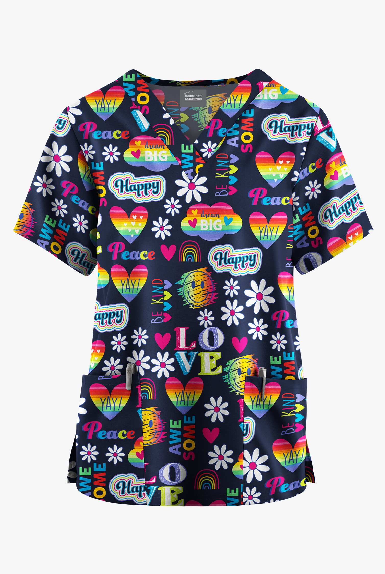 Butter-Soft Originals Good Vibes Only Navy Women's 2-Pocket V-Neck Print Scrub Top