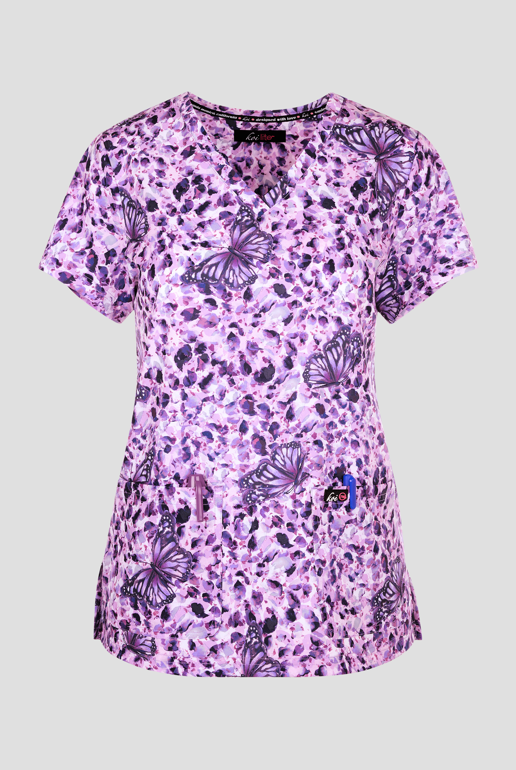 koi Lite Butterflight French Lavender Women's 2-Pocket V-Neck Print Scrub Top