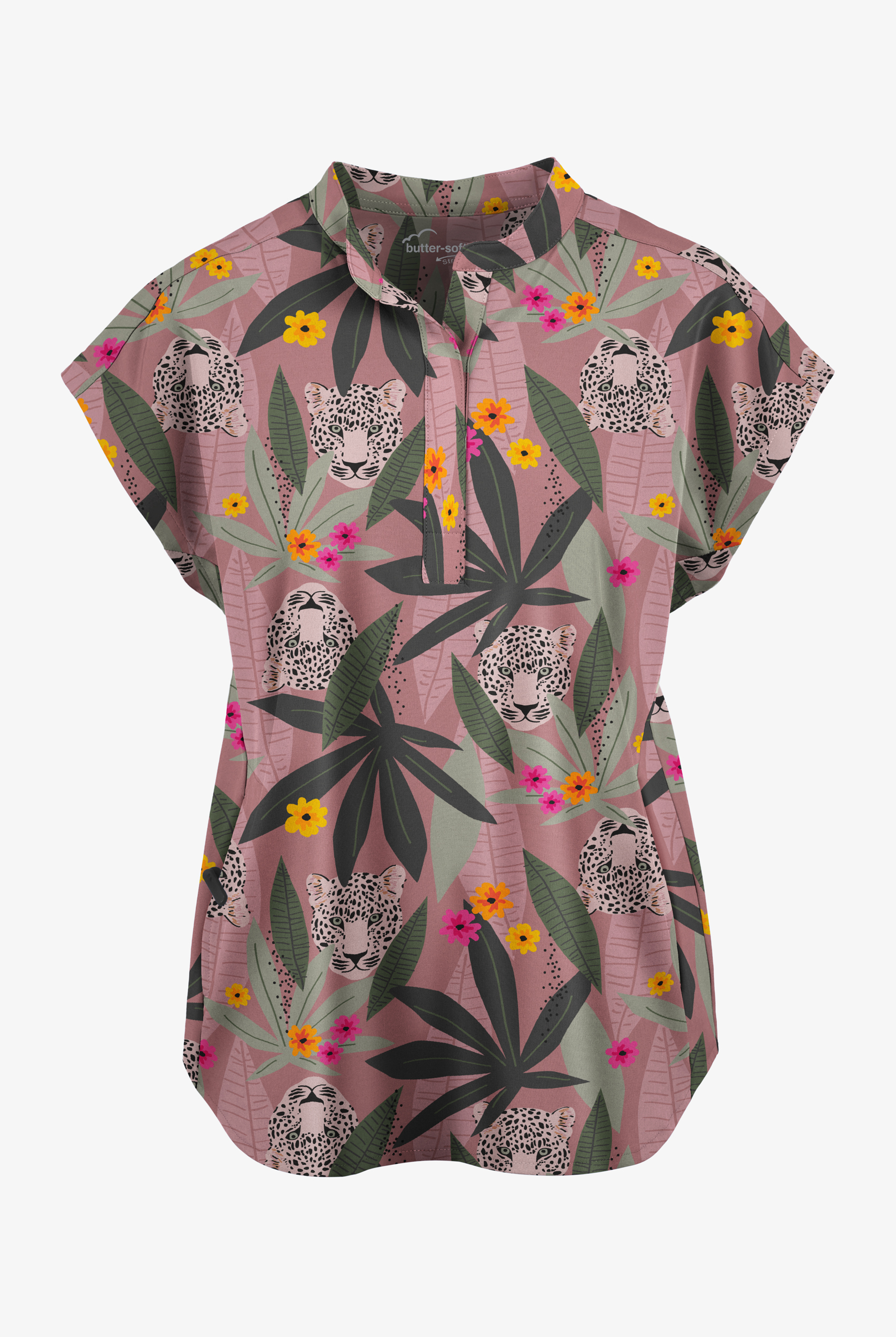 Butter-Soft STRETCH Exotic Jungle Women's 2-Pocket Oversized Dolman Sleeve Print Scrub Top