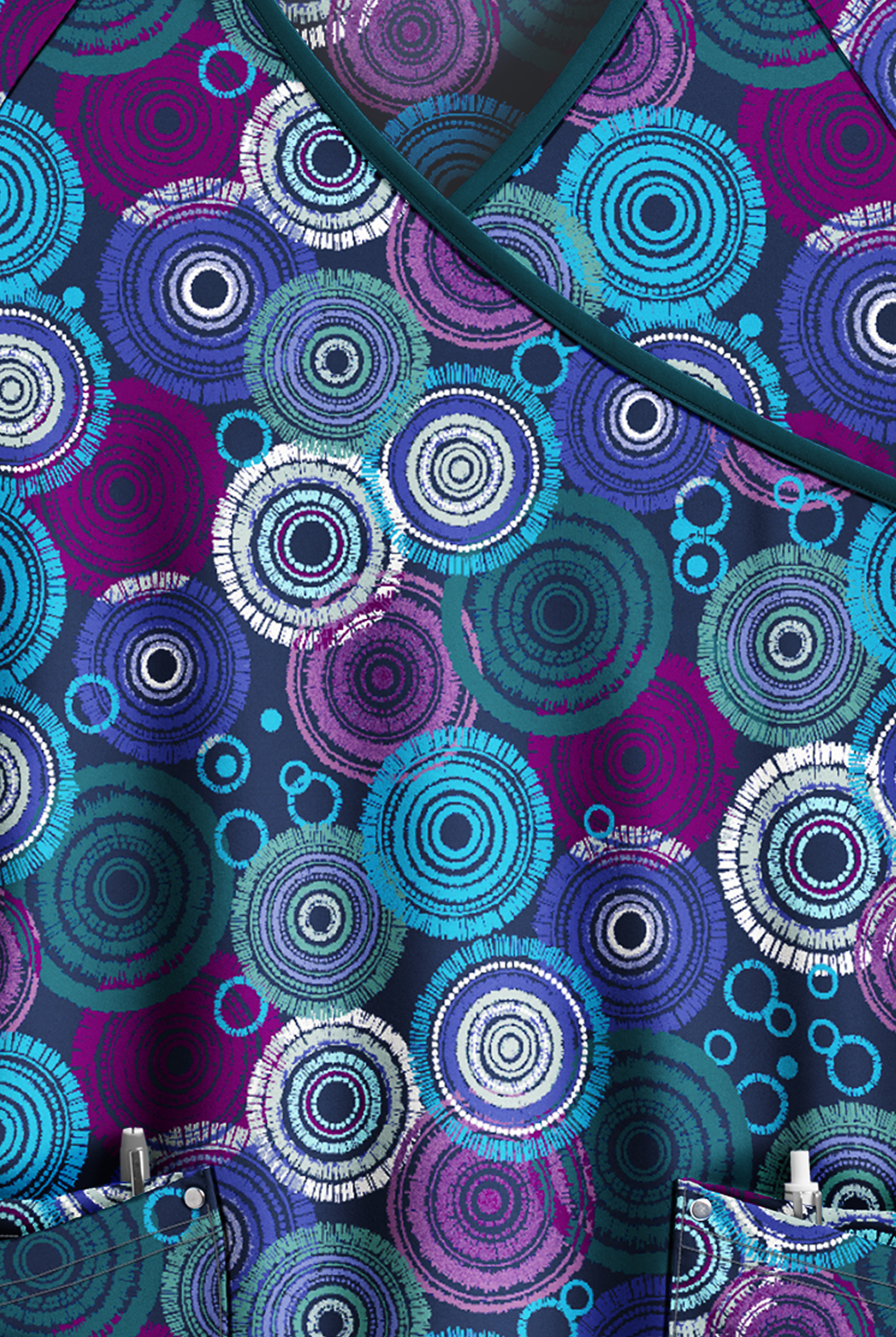 Easy STRETCH Mandala Tapestry Navy Women's Raglan 4-Pocket V-Neck Mock Wrap Print Scrub Top