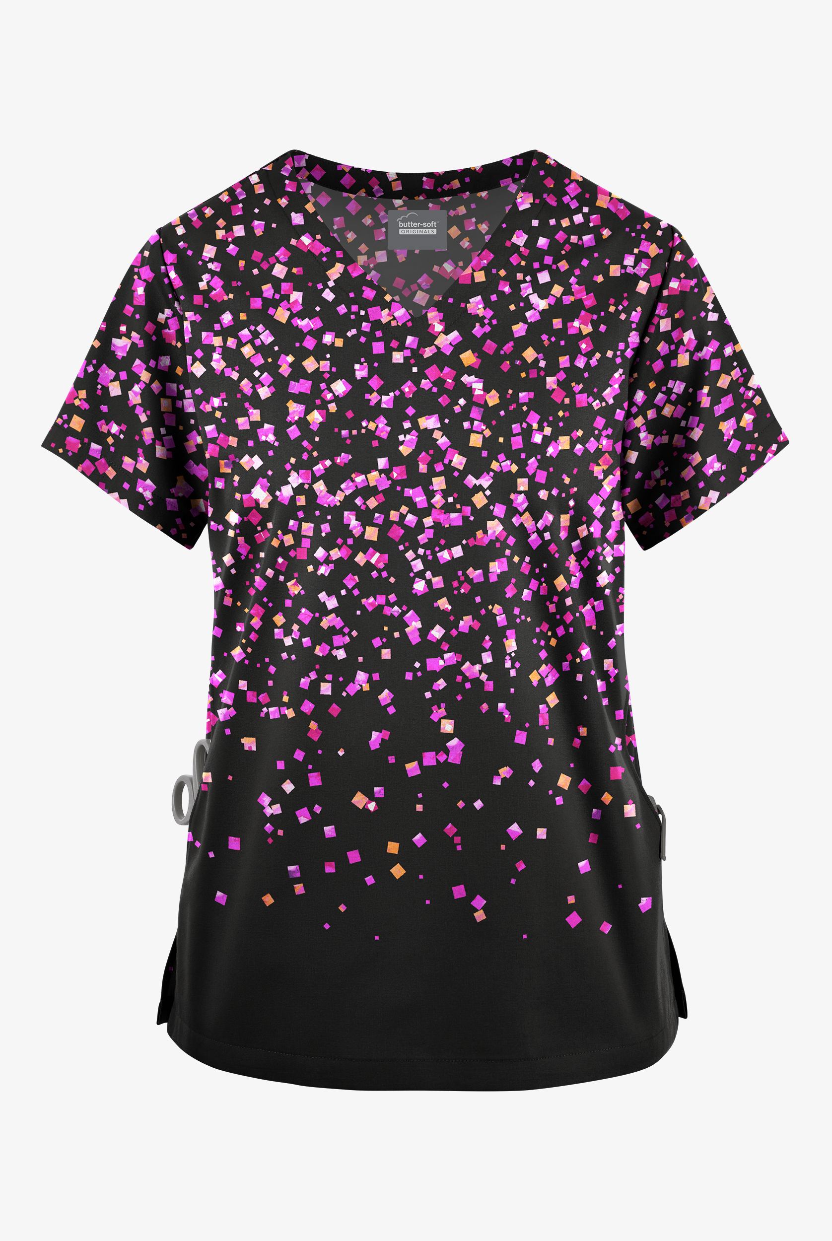 Butter-Soft Originals Confetti Fest Black Women's V-Neck Print Scrub Top