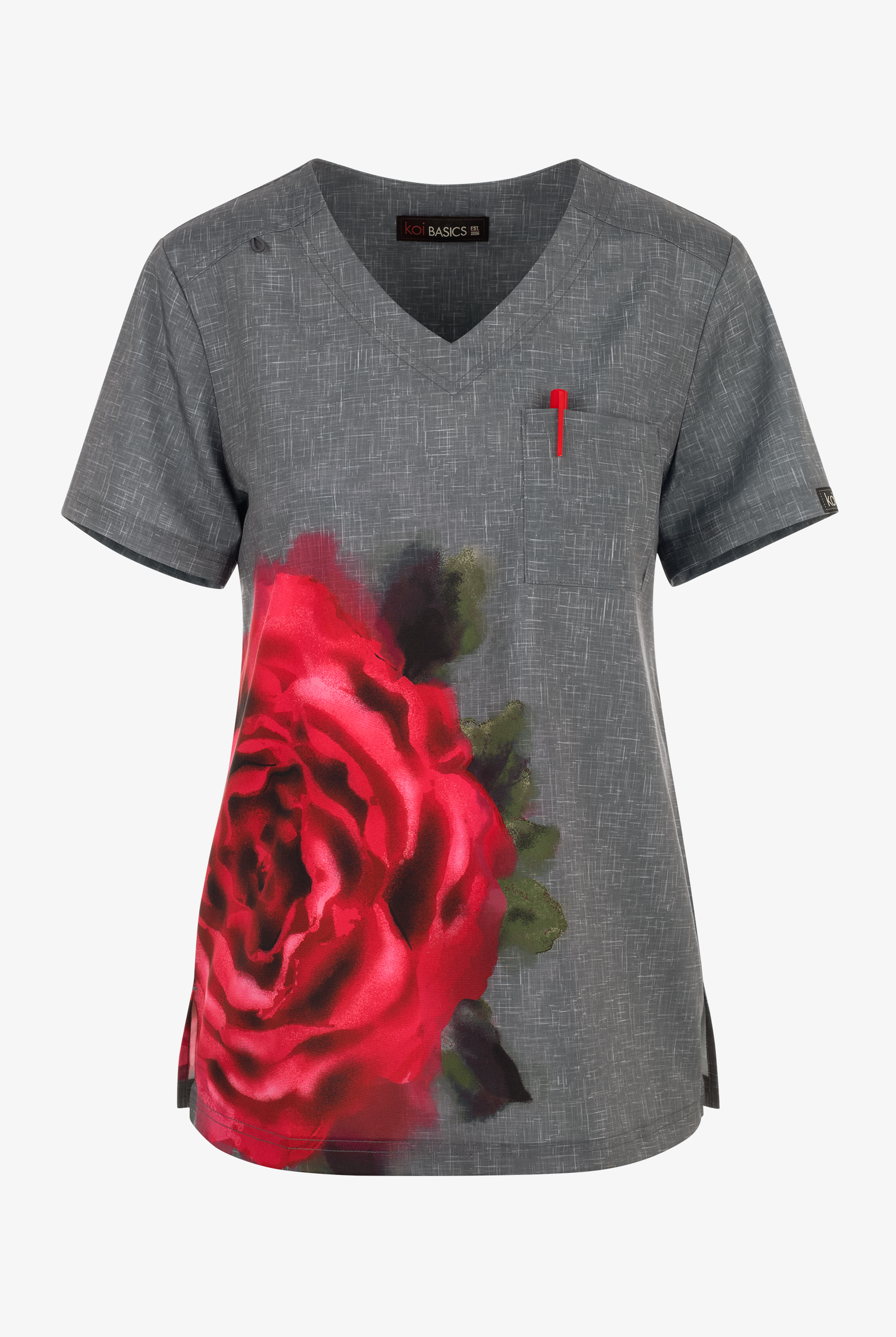 koi Basics Rosie Burst Women's 1-Pocket STRETCH V-Neck Print Scrub Top