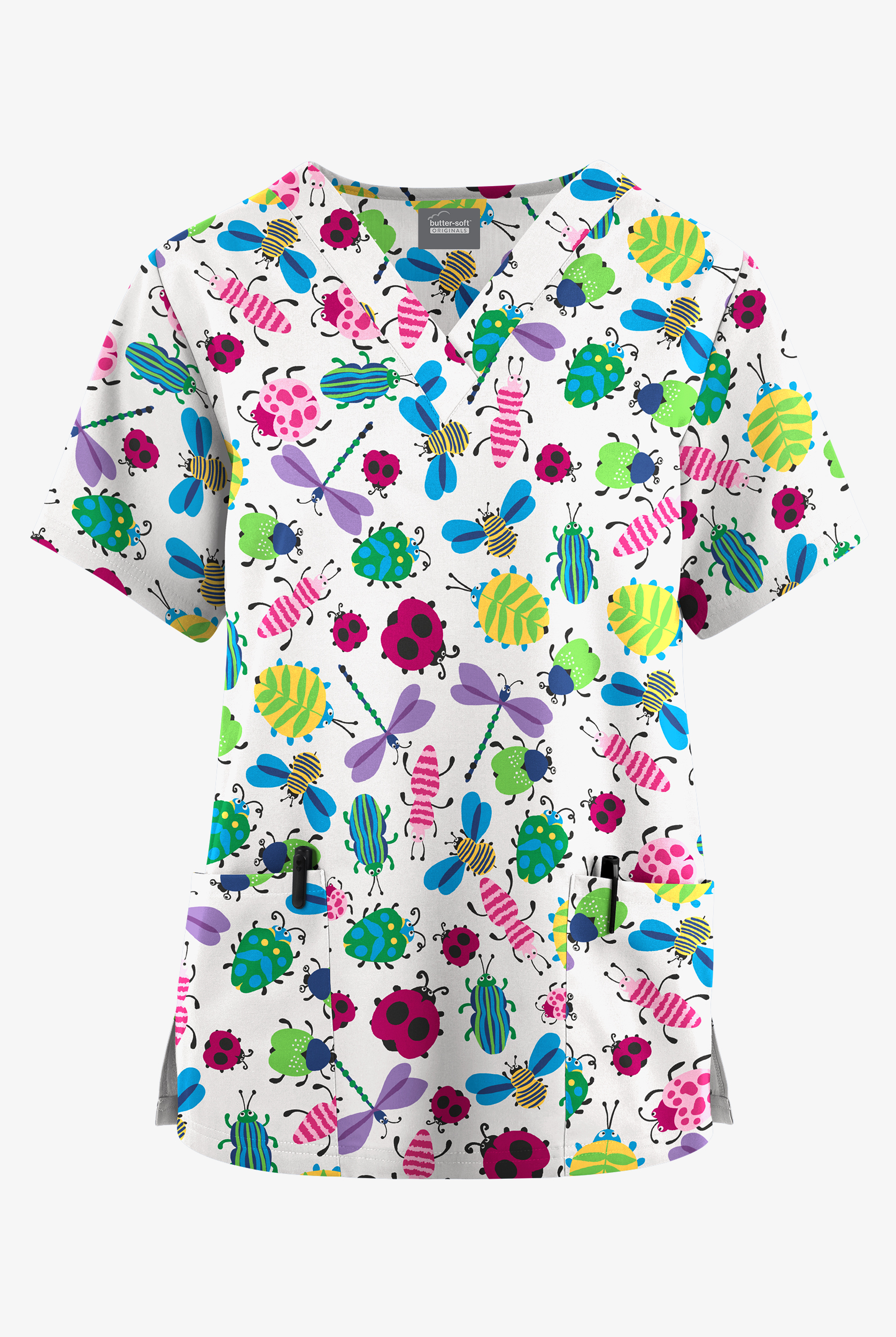 Butter-Soft Originals Happy Bugs Women's 2-Pocket V-Neck Print Scrub Top