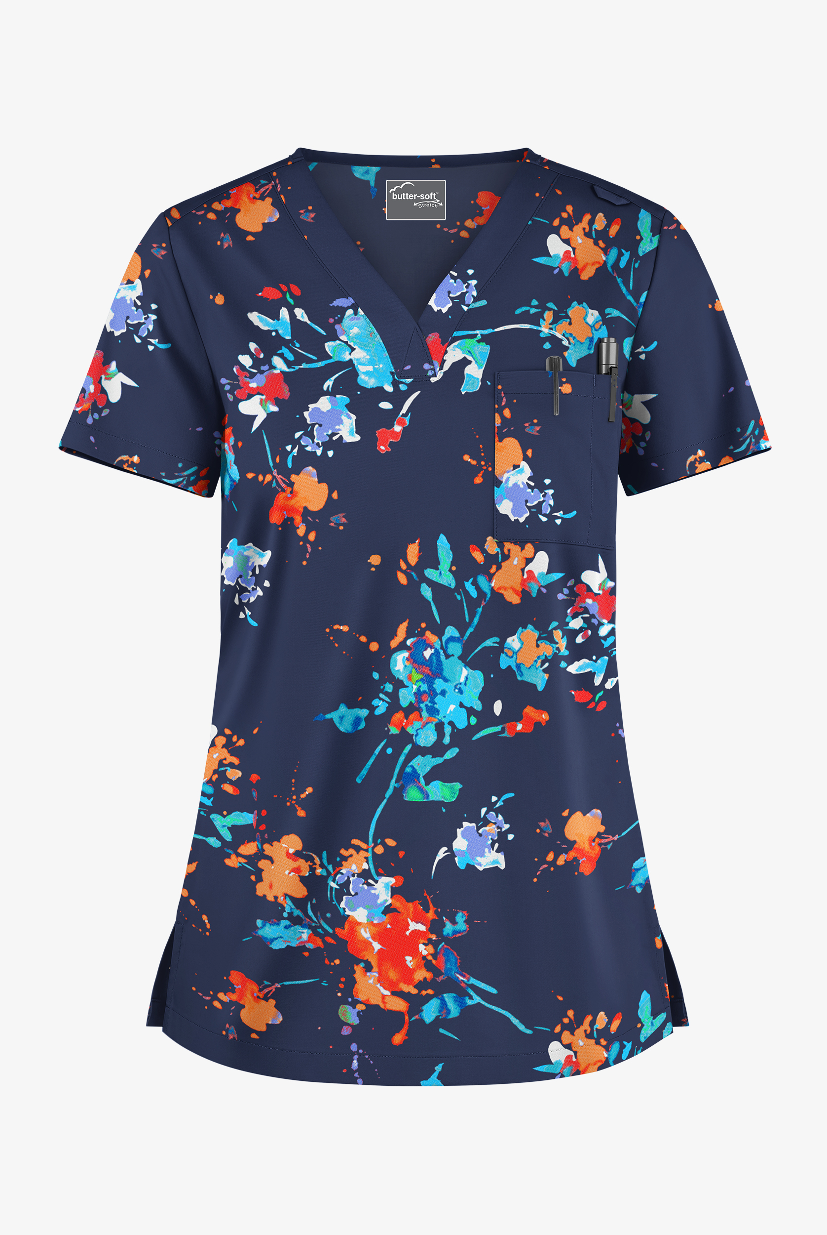 Butter-Soft STRETCH Floral Splash Navy Women's 1-Pocket Tuck-In V-Neck Print Scrub Top