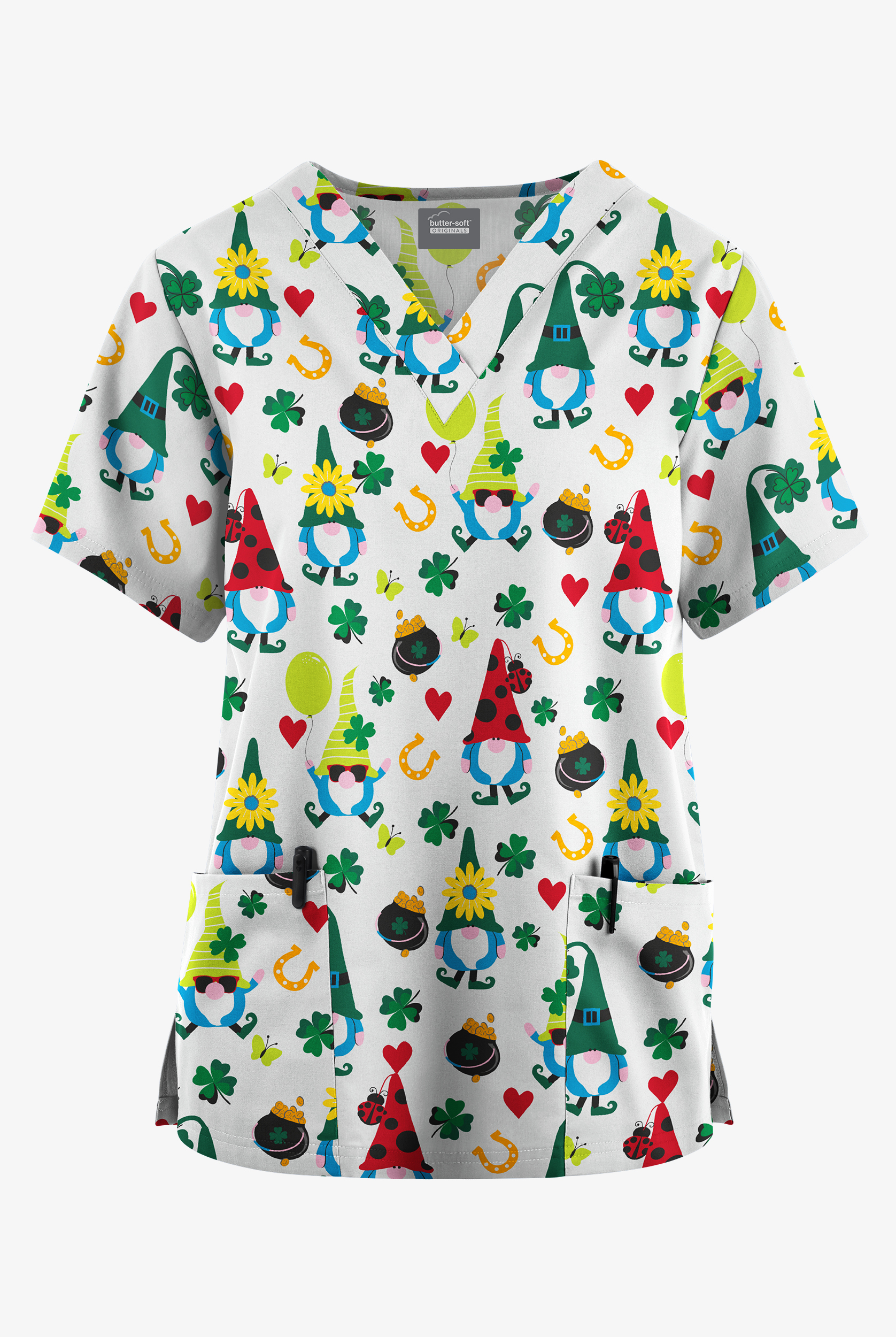 Butter-Soft Originals Pot Of Gold White Women's 2-Pocket V-Neck Print Scrub Top