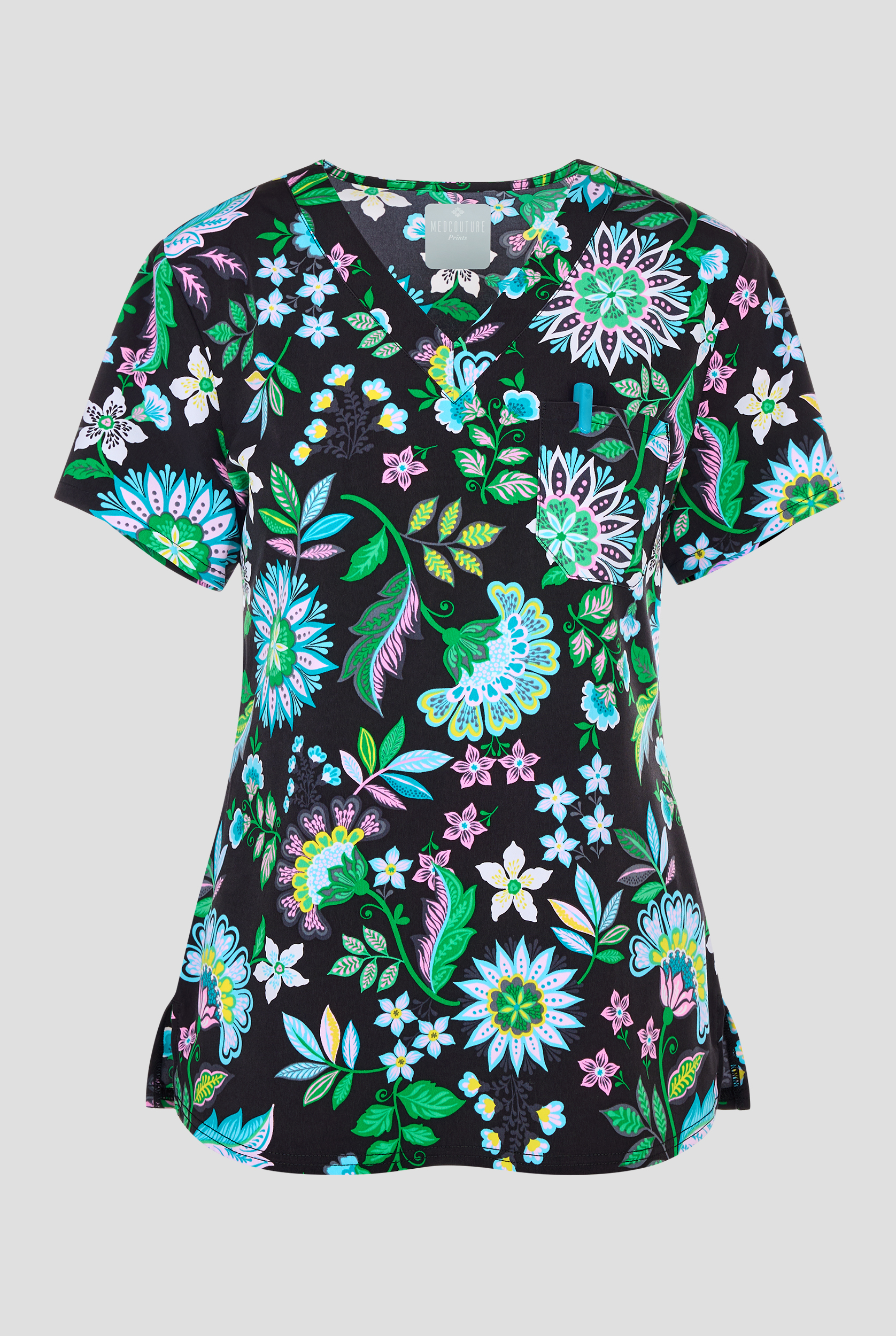 Med Couture Boho Bliss Women's 1-Pocket STRETCH Tuck In V-Neck Print Scrub Top