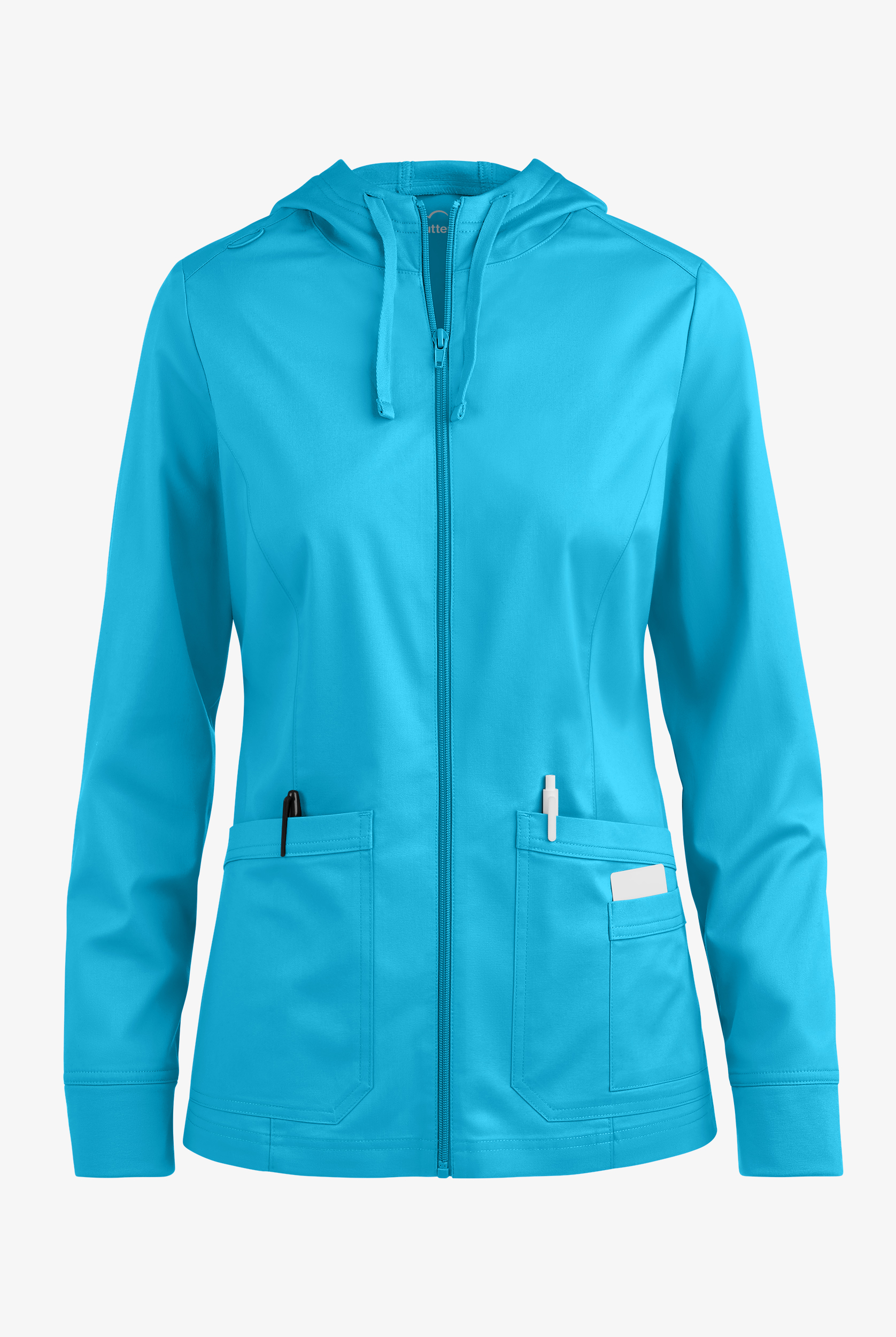 Butter-Soft STRETCH Women's 3-Pocket Zip-Front with Cozy Knit Hood and Trim Scrub Jacket