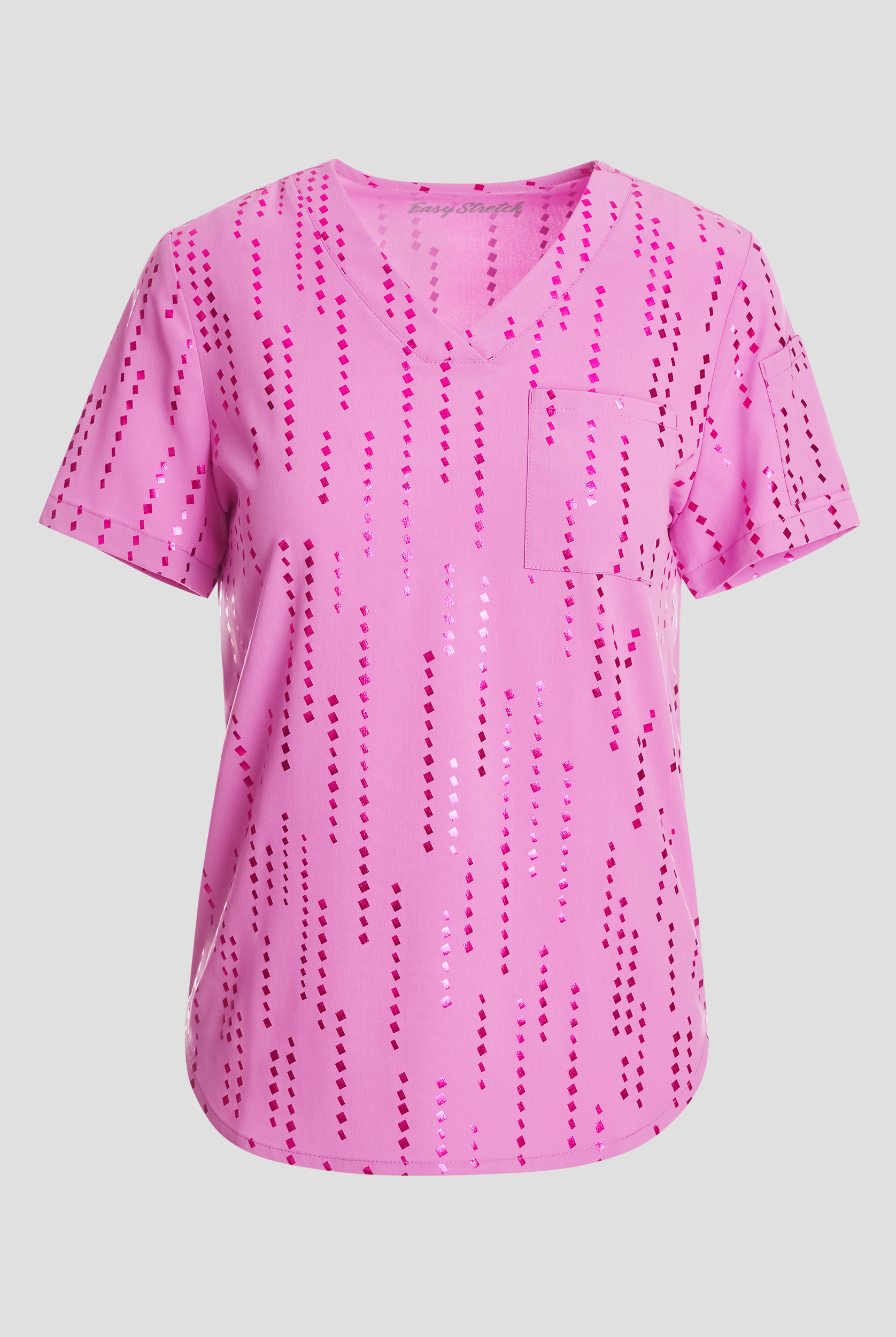 Easy STRETCH Matrix Pixels Magnesium Pink Chloe Women's 2-Pocket Tuck In  V-Neck Print Scrub Top