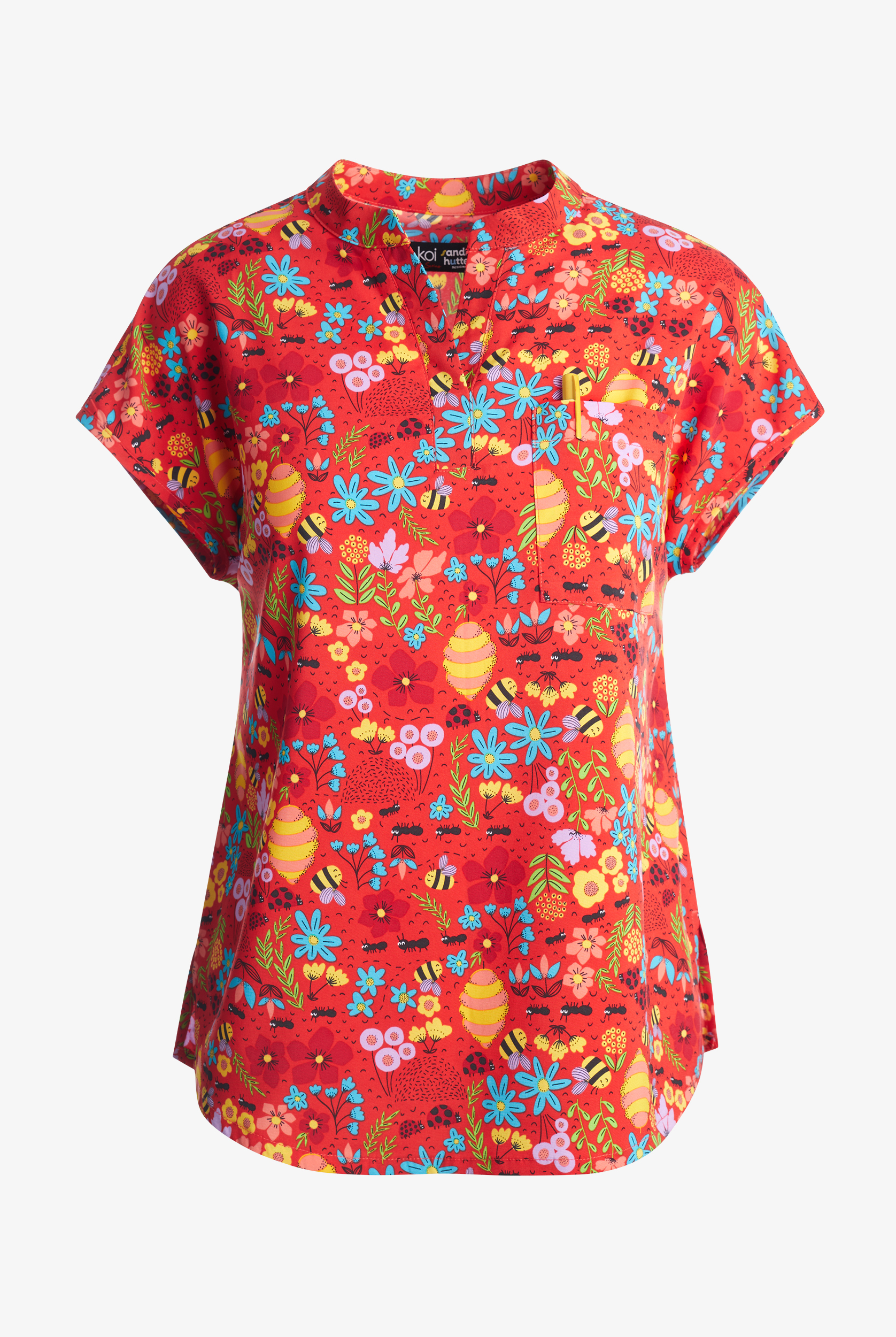 koi Basics Playful Bees and Ants Women's 1-Pocket STRETCH V-Neck Print Scrub Top