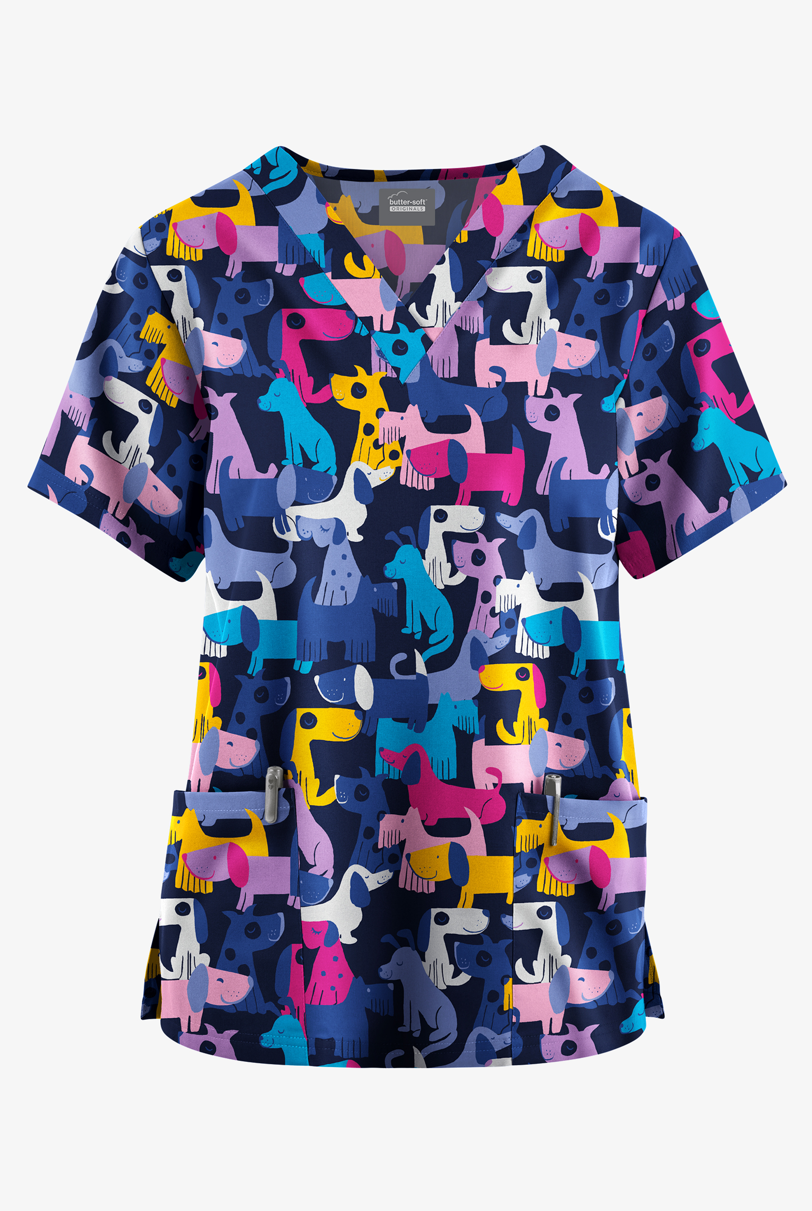 Butter-Soft Originals Playful Paws Nawy Women's 2-Pocket V-Neck Print Scrub Top