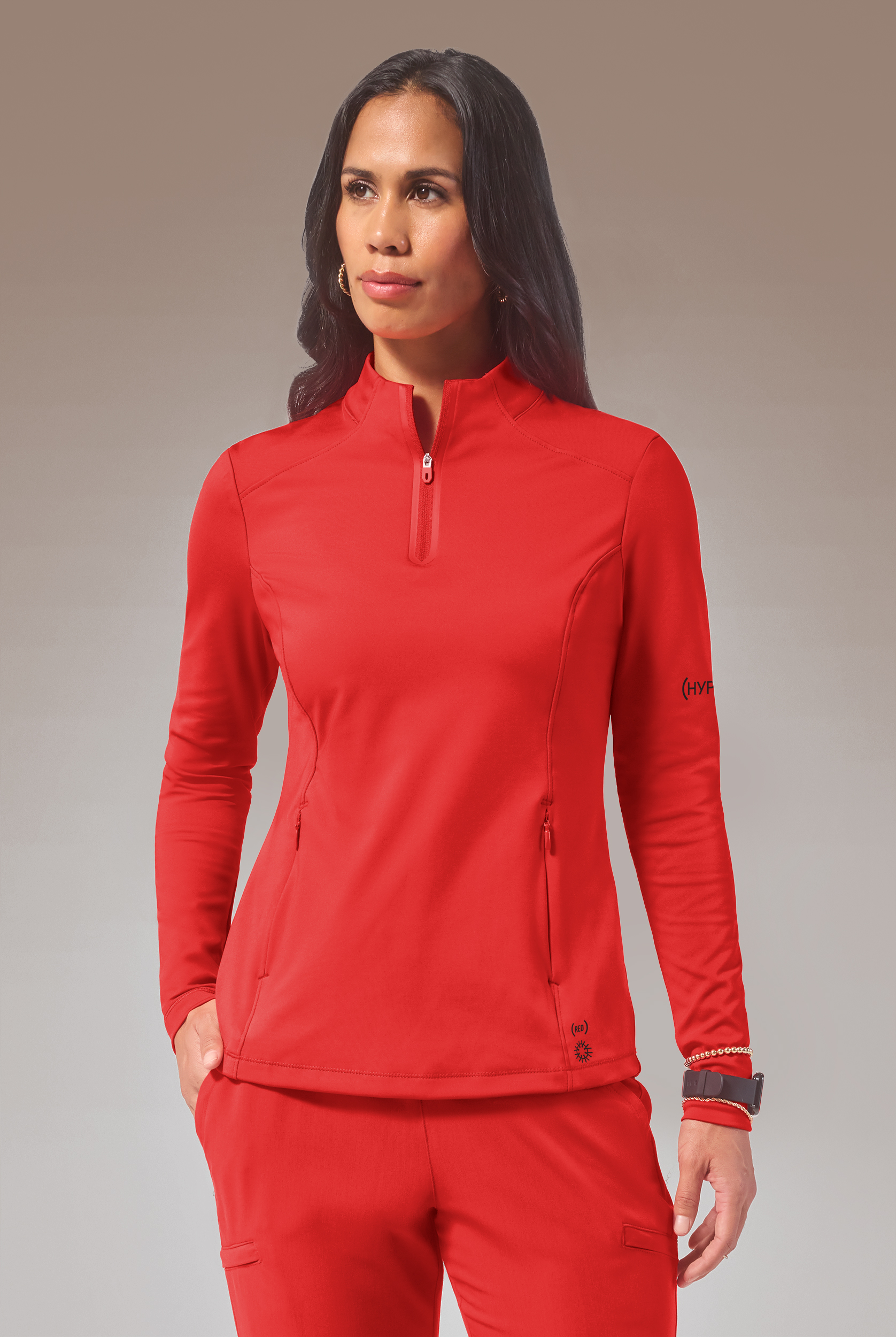 Hypothesis (RED) Omni Base K Women&rsquo;s 3-Pocket Knit Long Sleeve Zip Neck Scrub Top