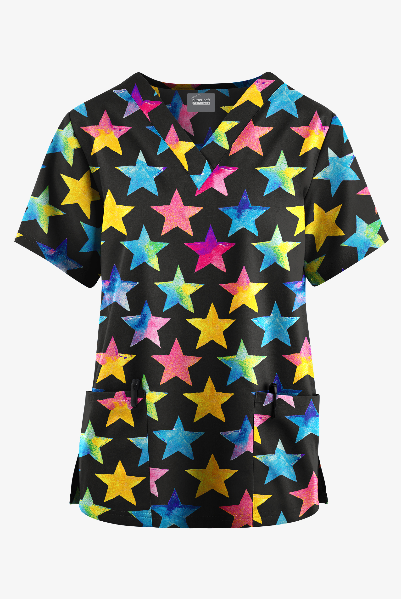 Butter-Soft Originals Black Rainbow Stars Women's 2-Pocket V-Neck Print Scrub Top