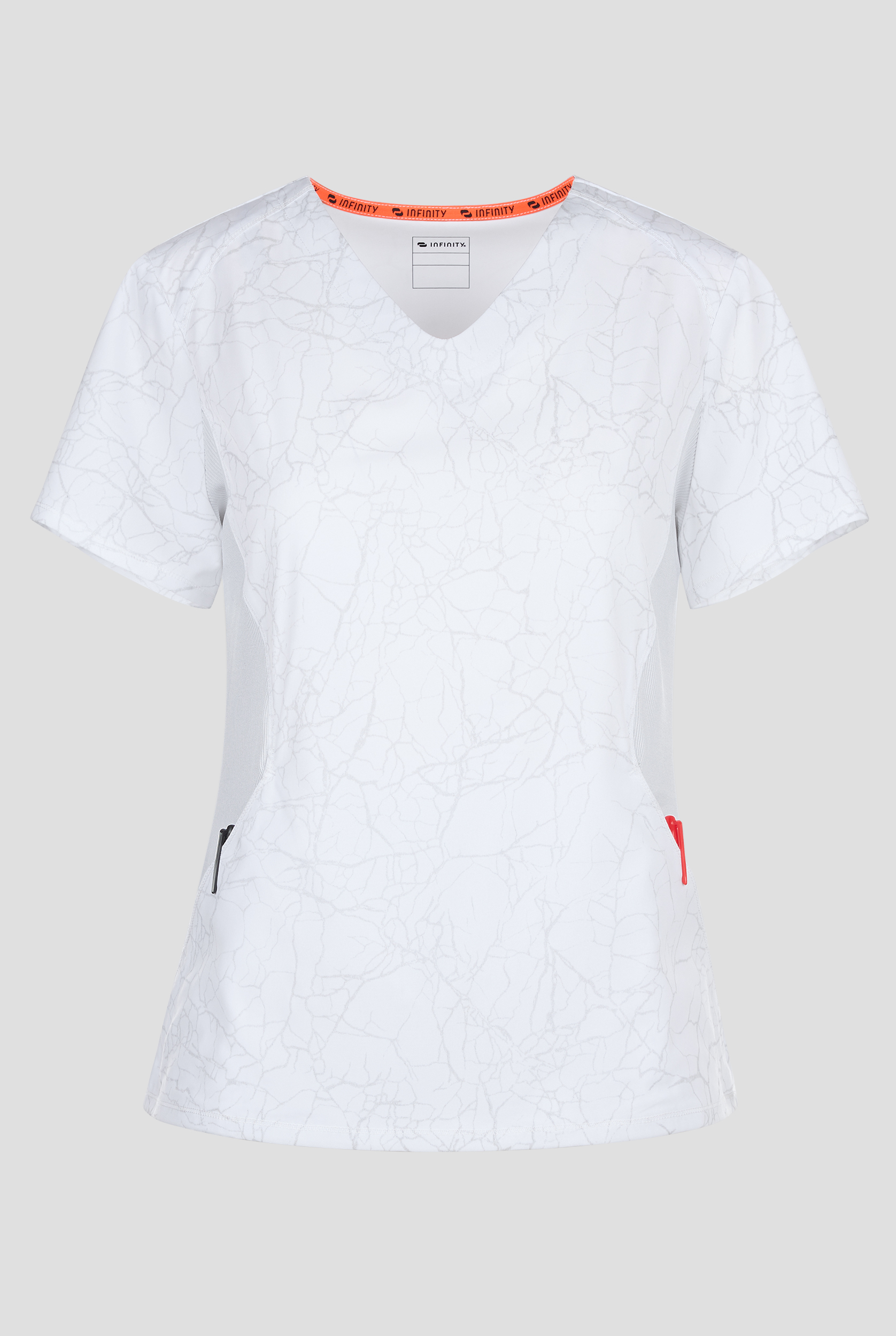 Infinity Crackle White Marble Women's 2-Pocket STRETCH Reflective V-Neck Print Scrub Top