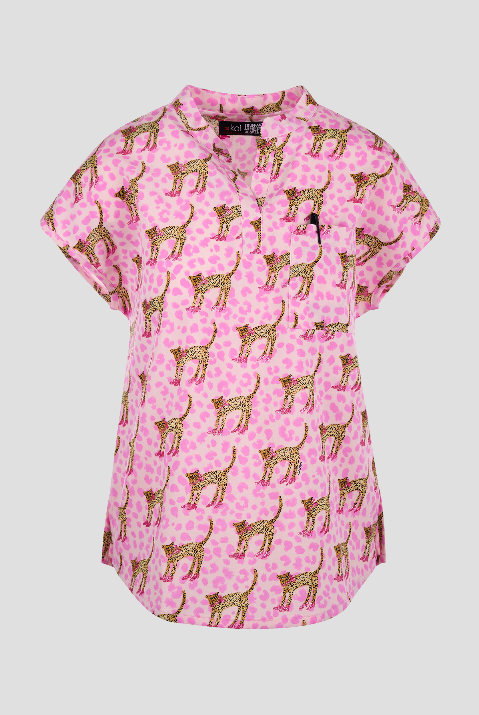 koi Lite Cheetah In Heels Foil Women's 2-Pocket Mandarin Collar Print Scrub Top