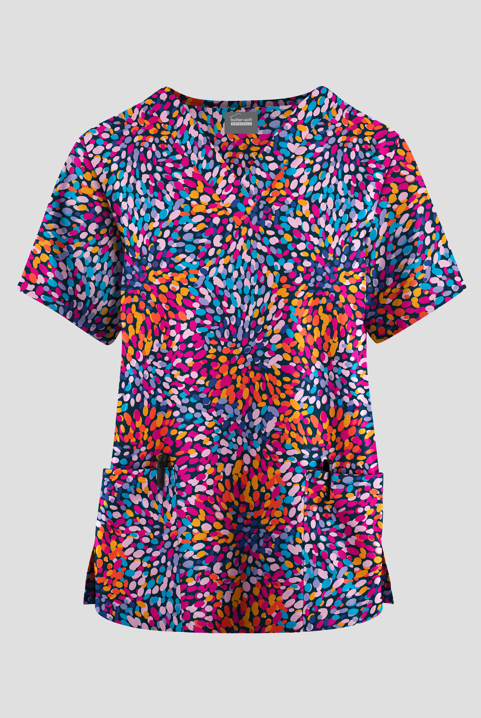 Butter-Soft Originals Rainbow Petals Navy Women's 2-Pocket V-Neck Print Scrub Top