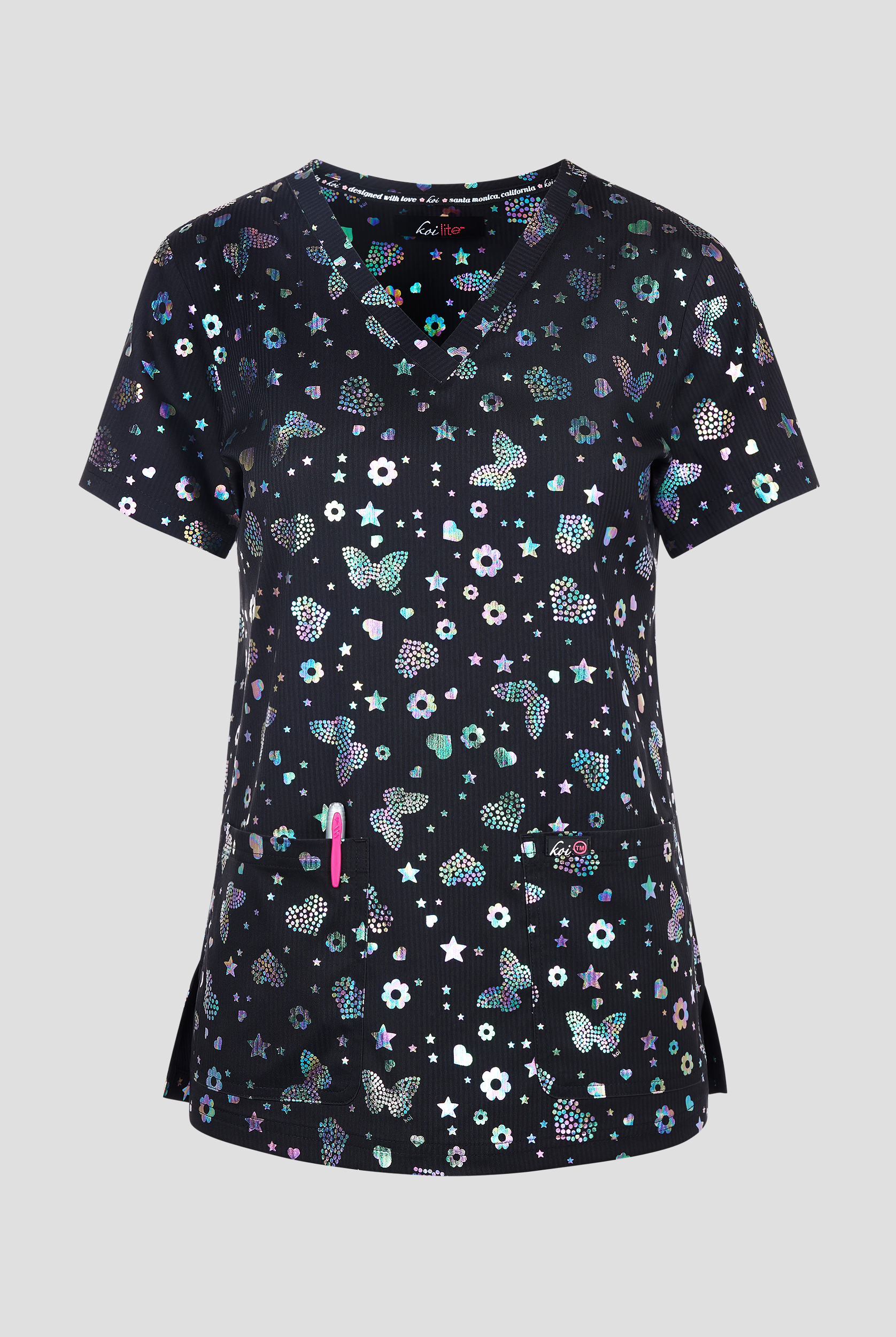 koi Lite Iridescent Light Bright Foil Women's 2-Pocket V-Neck Print Scrub Top