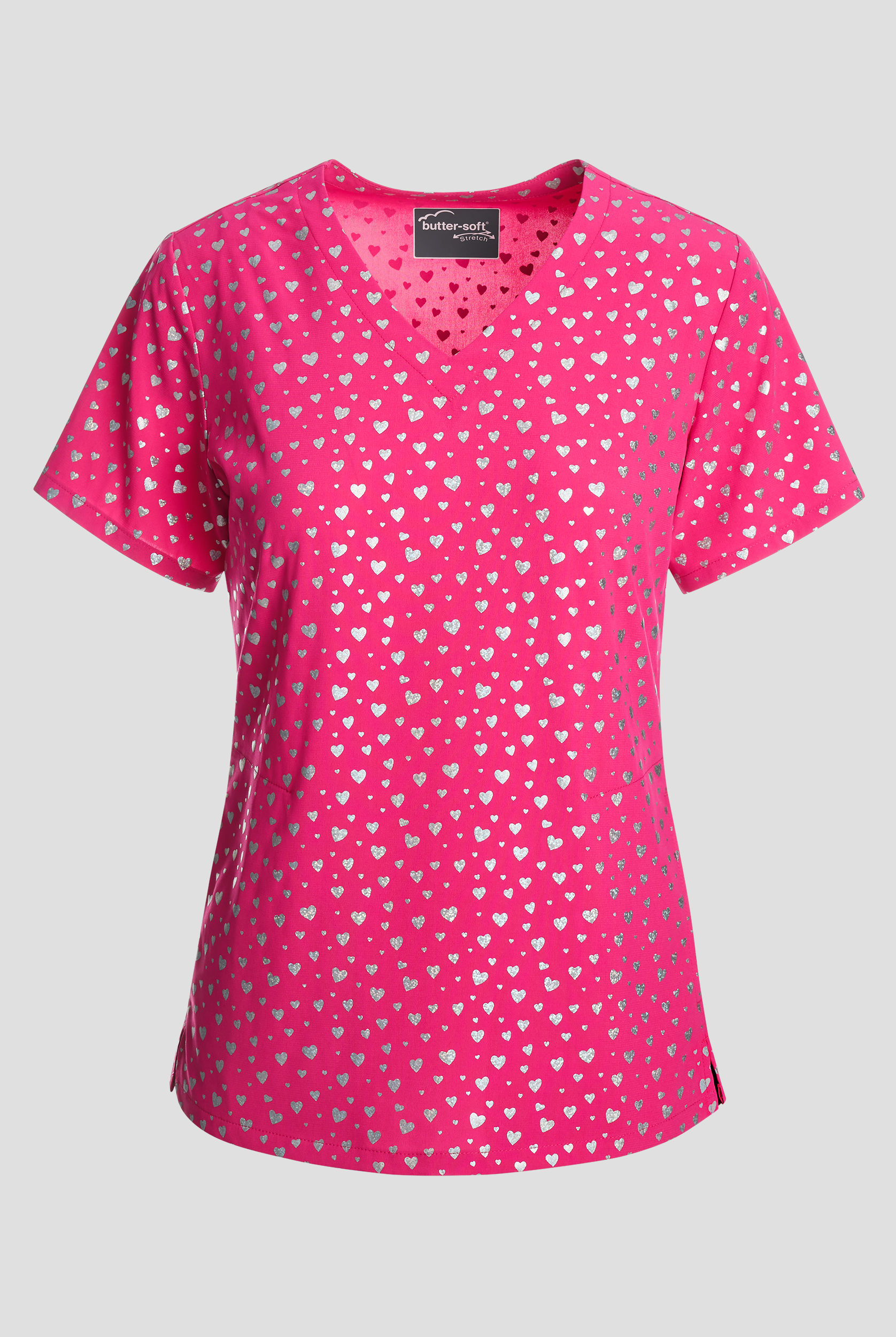 Butter-Soft STRETCH Shining Hearts Fuchsia Women's 2-Pocket V-Neck Print Scrub Top