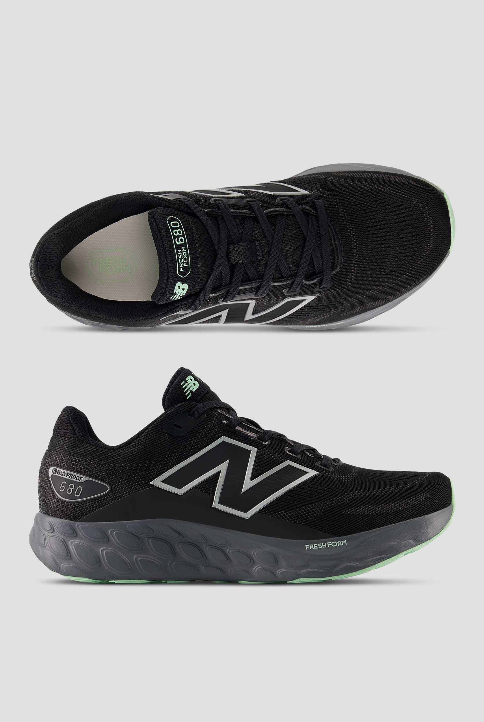 New Balance Women's Fresh Foam 680 Waterproof Black/Lab Green Athletic Lace Up Shoes