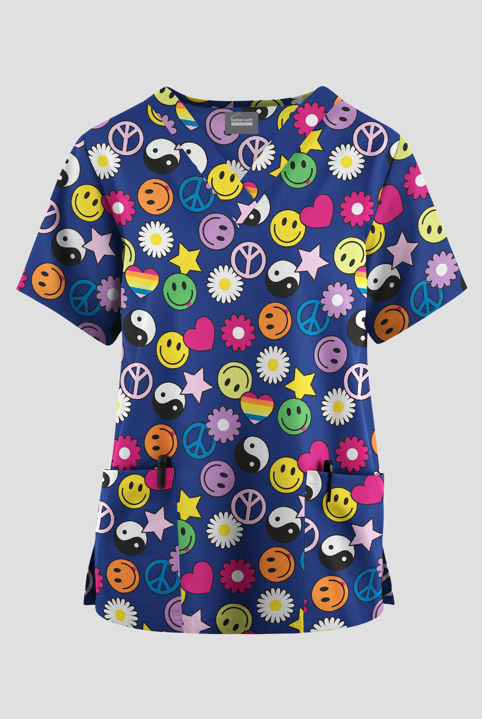 Butter-Soft Originals Peace Love Happiness Royal Women's 2-Pocket V-Neck Print Scrub Top